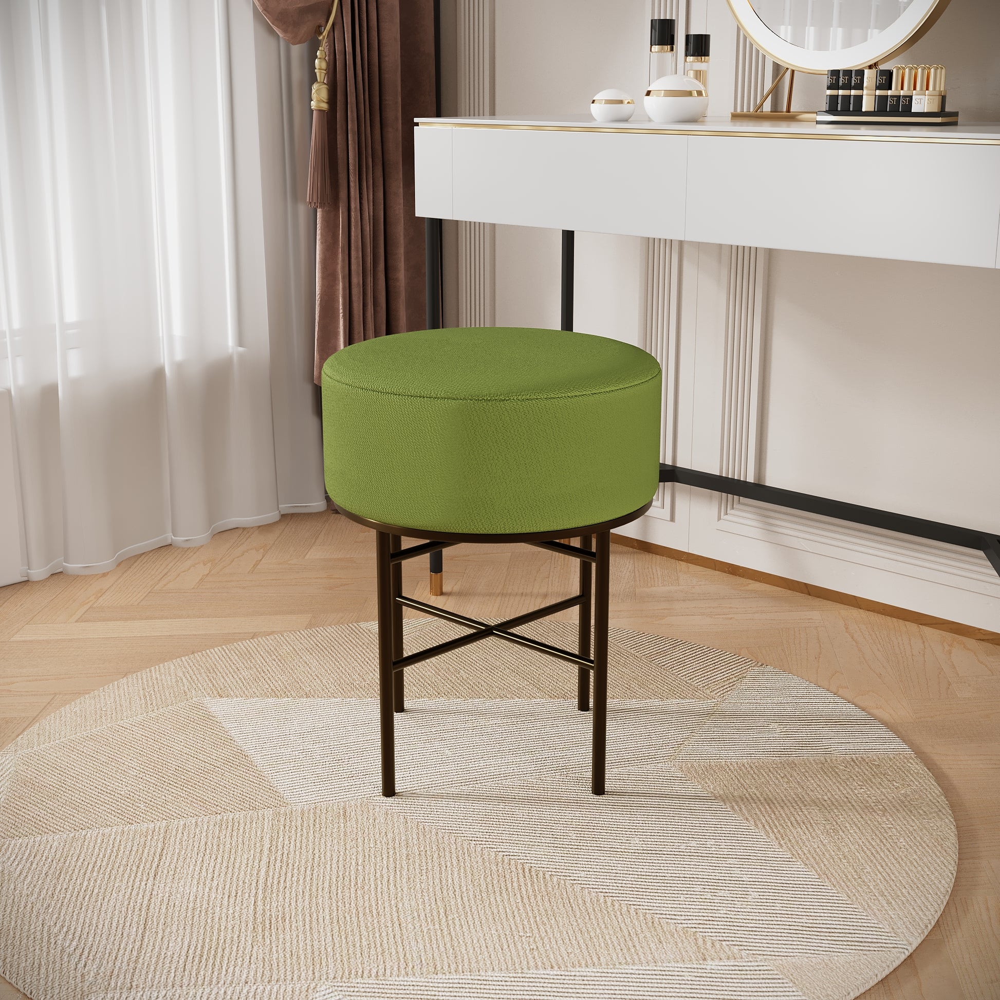 2 Pcs Round Cushioned Vanity Stool, Linen Upholstered Vanity Stool For Makeup Room, Modern Soft Stool For Bar And Dining, Ottoman Footrest Stool With Metal Legs For Living Room, Bedroom Matcha Green Matcha Green Vanity Stools Bedroom Round Modern