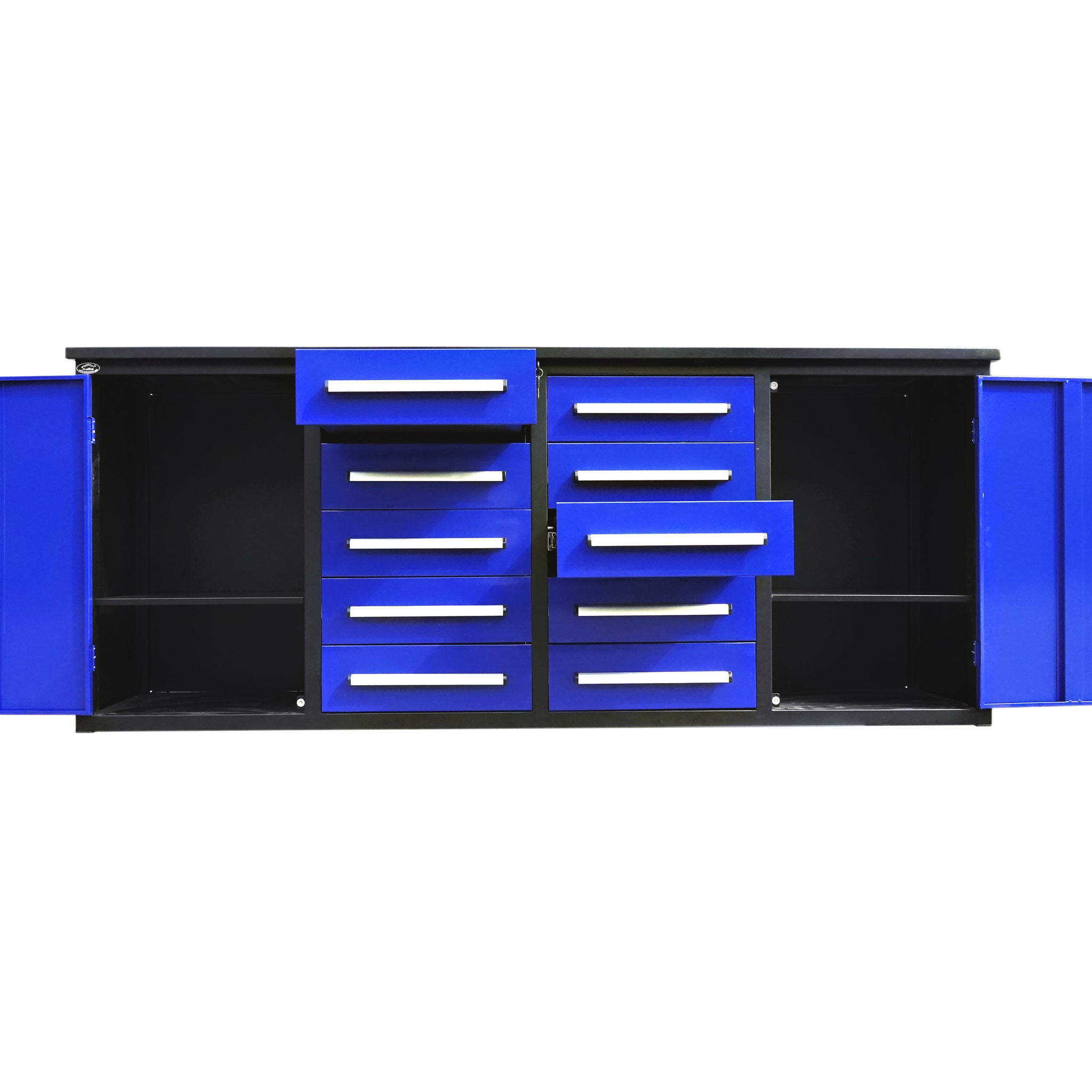 7' Storage Cabinets With Workbench 10 Drawers & 2 Cabinets Blue Steel