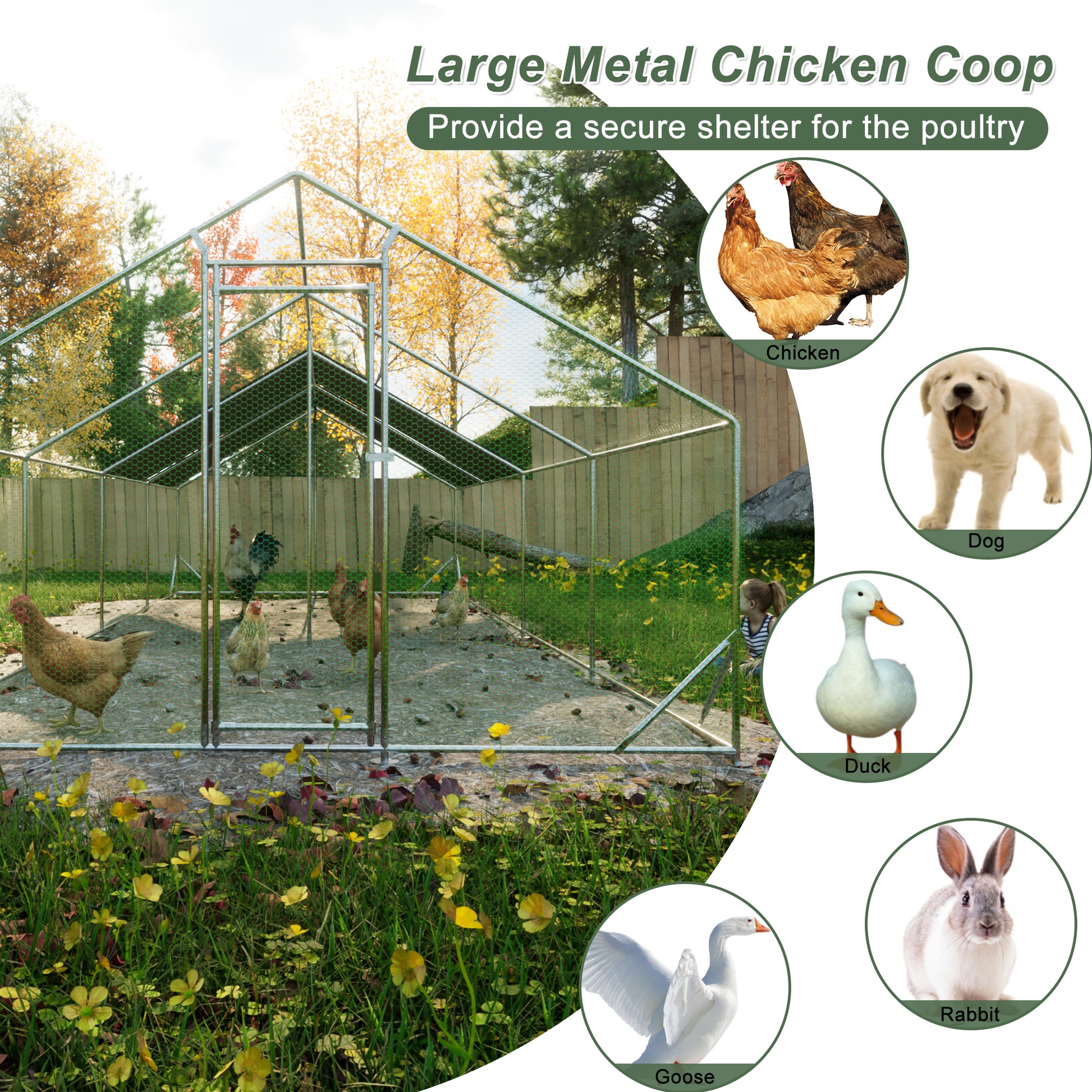 Large Metal Chicken Coop, Walk In Chicken Run,Galvanized Wire Poultry Chicken Hen Pen Cage, Rabbits Duck Cages With Waterproof And Anti Ultraviolet Cover For Outside 10' L X 26' W X 6.56' H Gray Metal