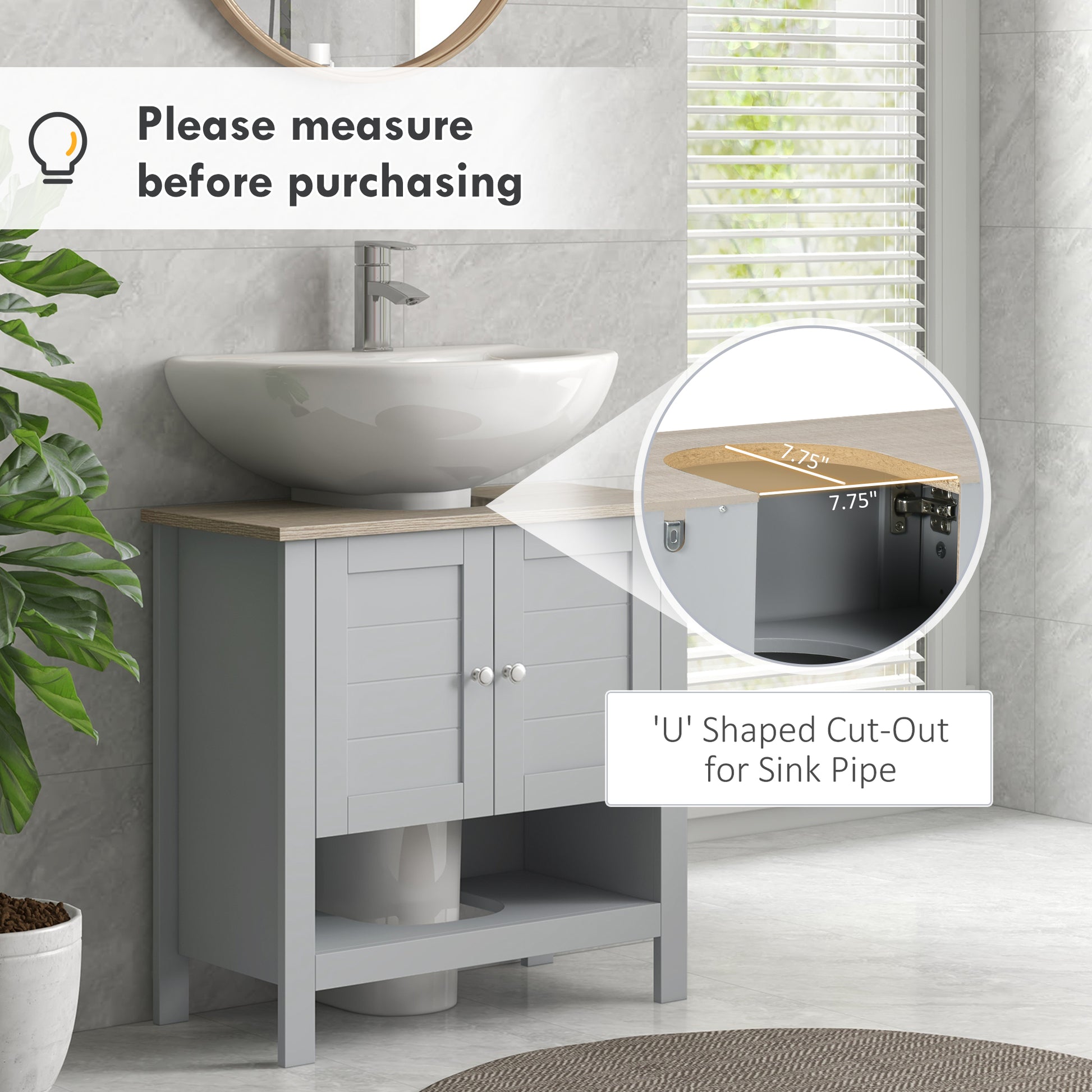 Kleankin Pedestal Sink Storage Cabinet, Under Sink Cabinet, Bathroom Vanity Cabinet With Adjustable Shelf And Open Bottom Shelf, Gray Grey Mdf