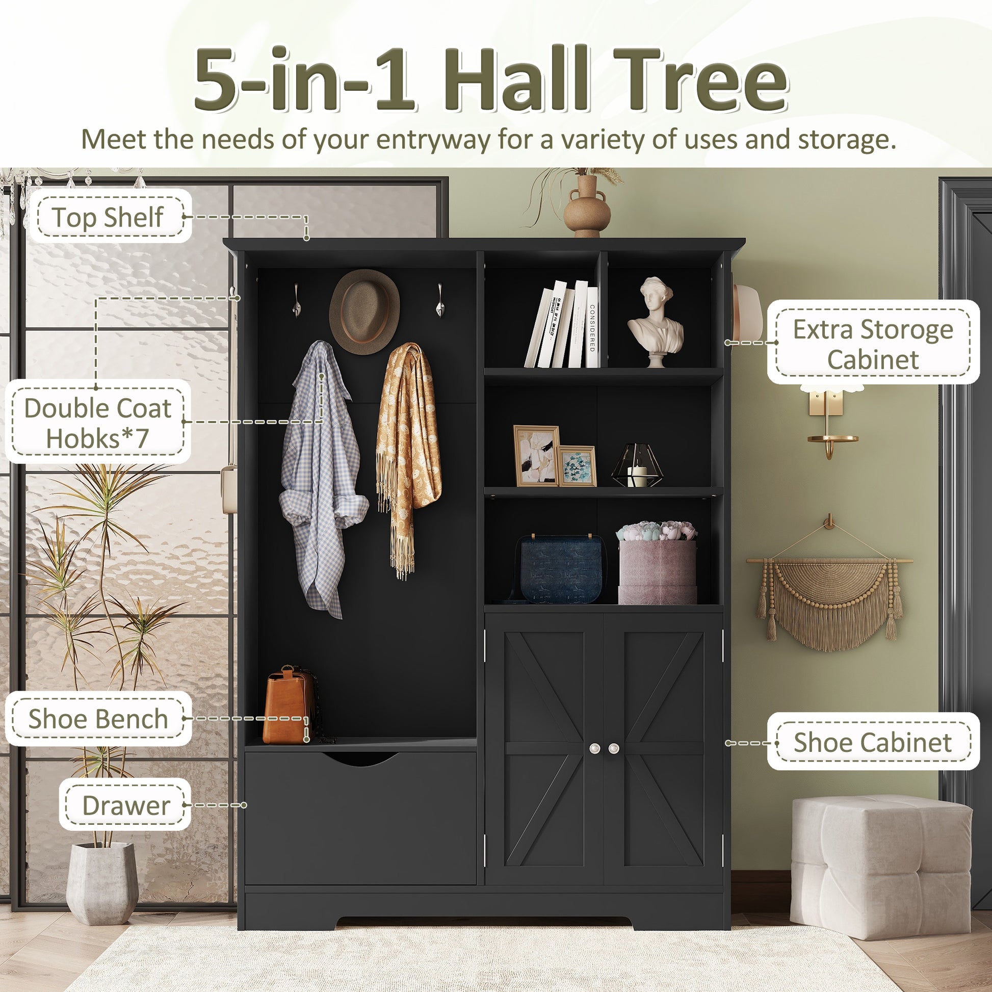 Multi Functional Hall Tree With Storage Shelves Drawers And Cabinet, E