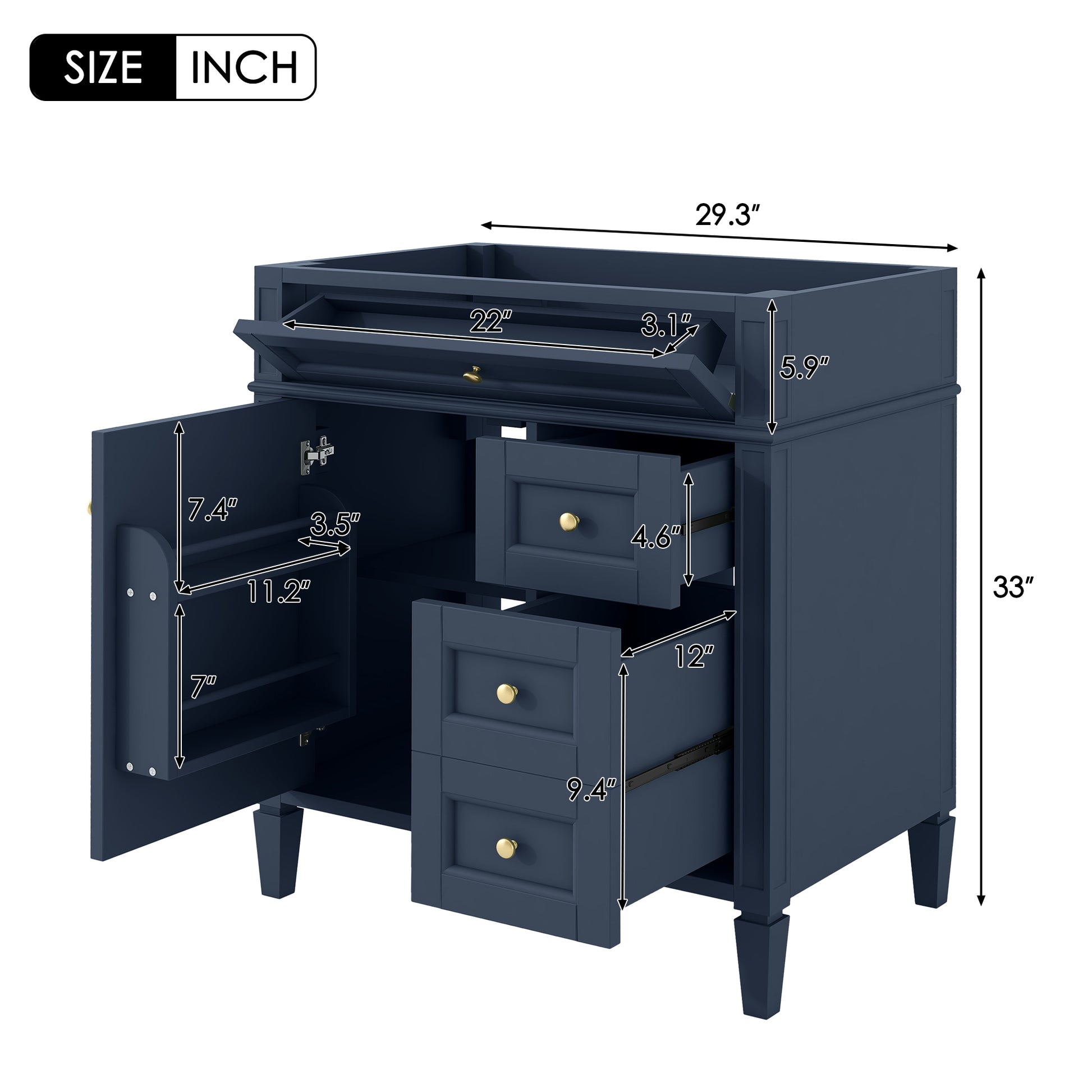 30'' Bathroom Vanity Without Top Sink, Modern Bathroom Storage Cabinet With 2 Drawers And A Tip Out Drawer Not Include Basin 3 Blue 1 2 Adjustable Hinges Bathroom Freestanding Modern Solid Wood Mdf Painted