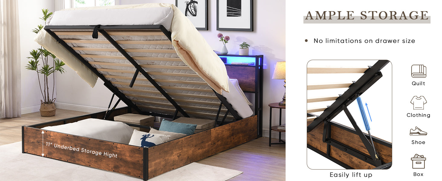 Lift Up Storage Bed Frame, Full Size Bed Frame With Bookcase Headboard & Led Lights, Wooden Platform Bed Frame With Charging Station, No Spring Box Needed, Rustic Brown Box Spring Not Required Full Rustic Brown Metal Brown Bedroom Industrial Bed Frame