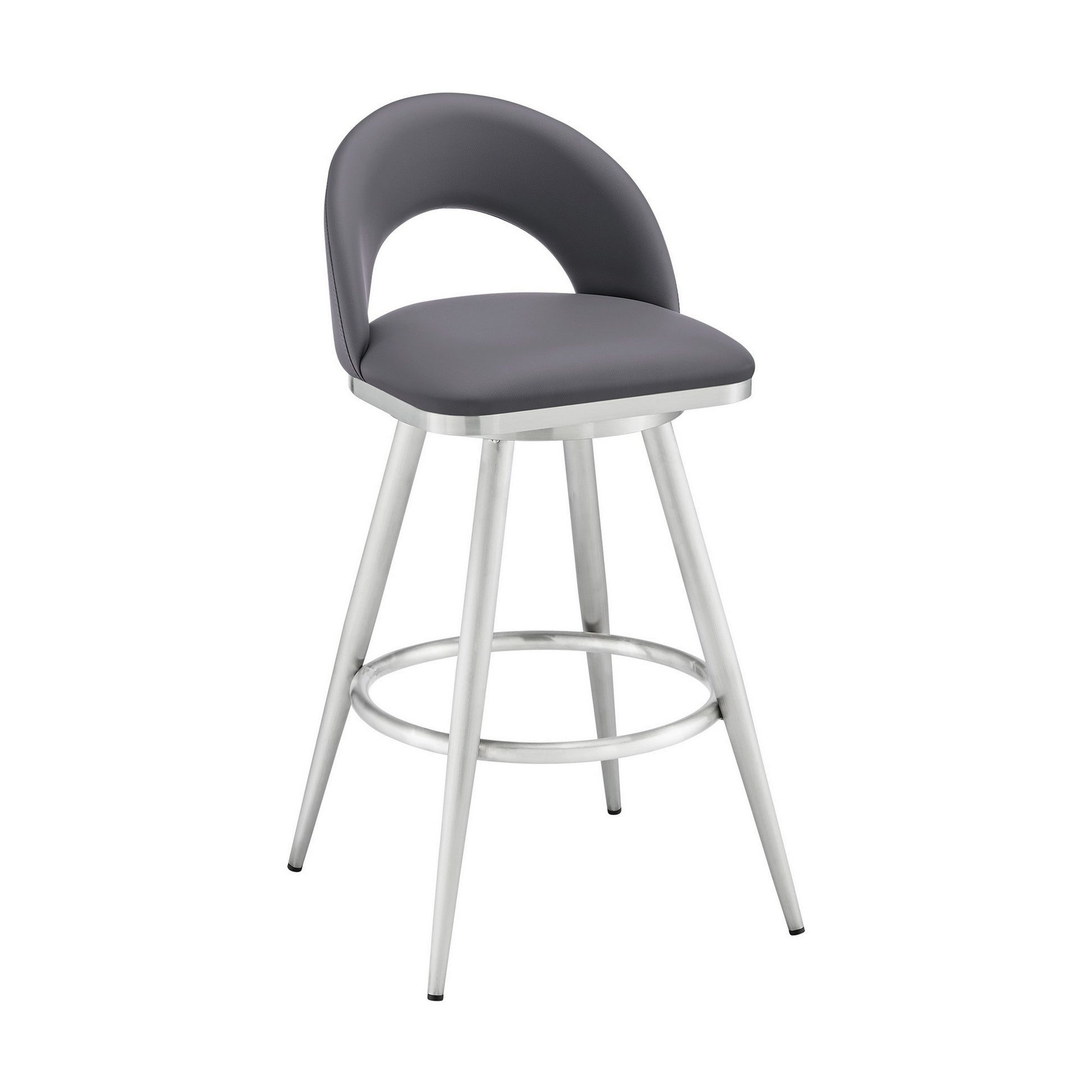 Teco 26 Inch Swivel Counter Stool, Chrome, Curved Back, Gray Faux Leather Gray Steel