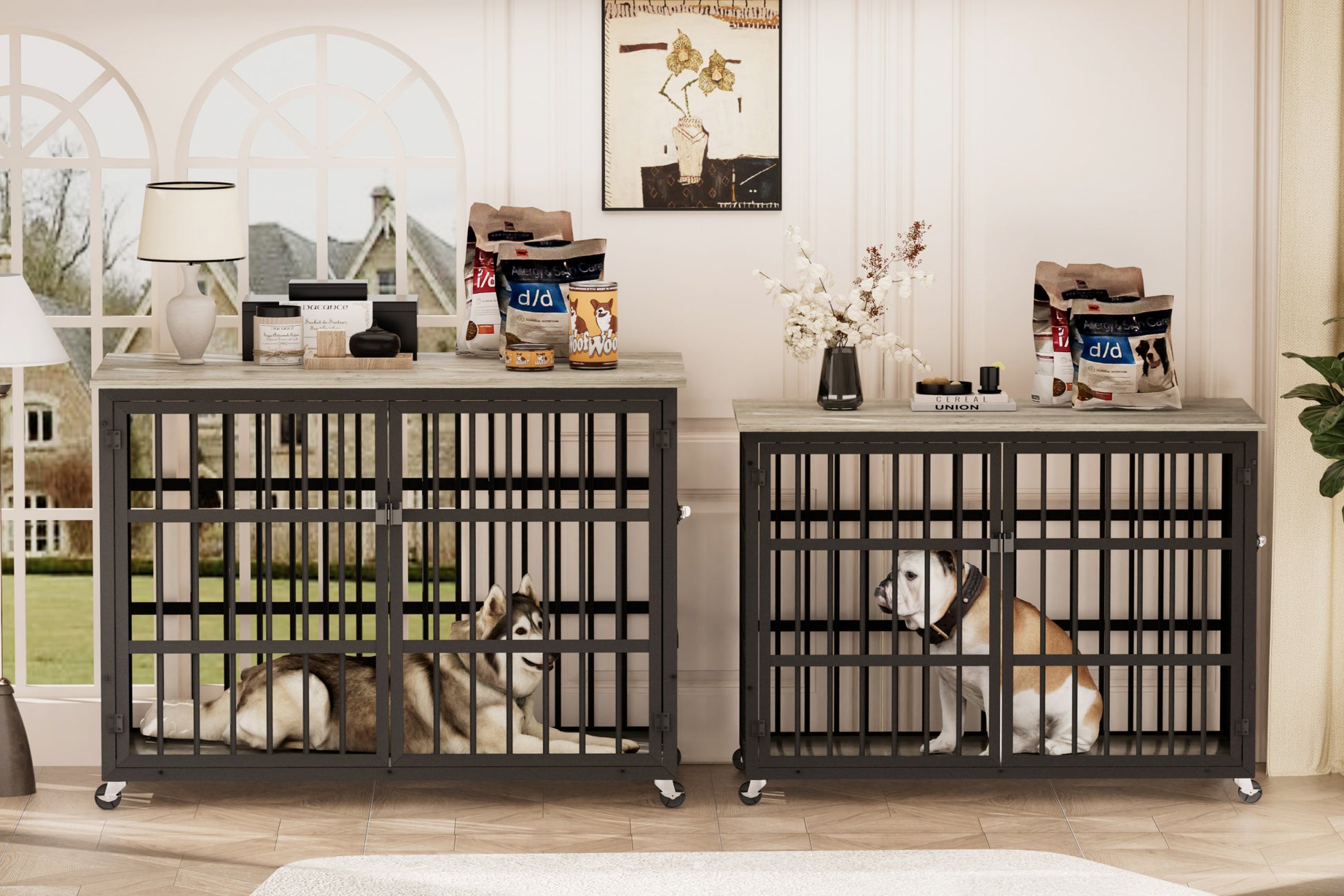 Furniture Style Dog Crate Wrought Iron Frame Door With Side Openings, Grey, 38.4''W X 27.7''D X 30.2''H. Grey Particle Board