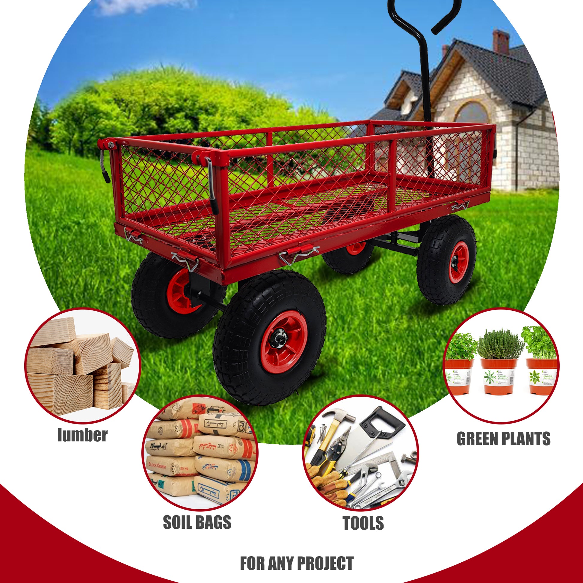 3 Cu. Ft. 300 Lbs. Capacity Removable Sides Metal Steel Mesh Heavy Duty Utility Wagon Outdoor Garden Cart In Red Red Steel