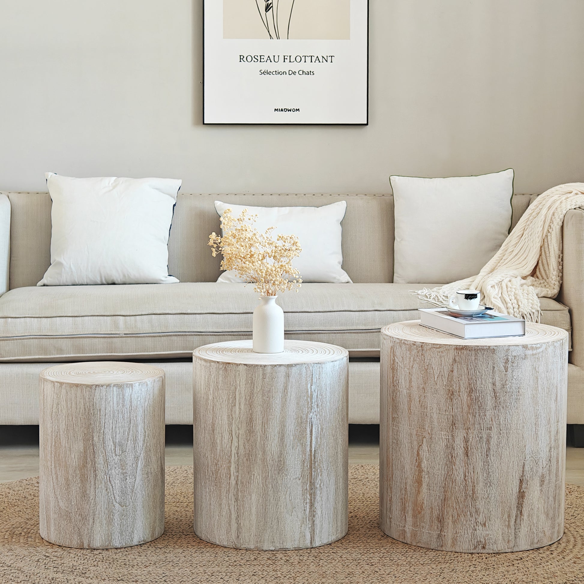 Set Of 3 Whitewash Wood Coffee Table With Clear And Visible Tree Rings White Distressed Finish Dining Room Fir Round Antique White,Natural Whitewash,White Washed,Wood Desk Top Modern,Rustic Floor Mount Round Open Storage Brushed Coffee & End Tables Wood