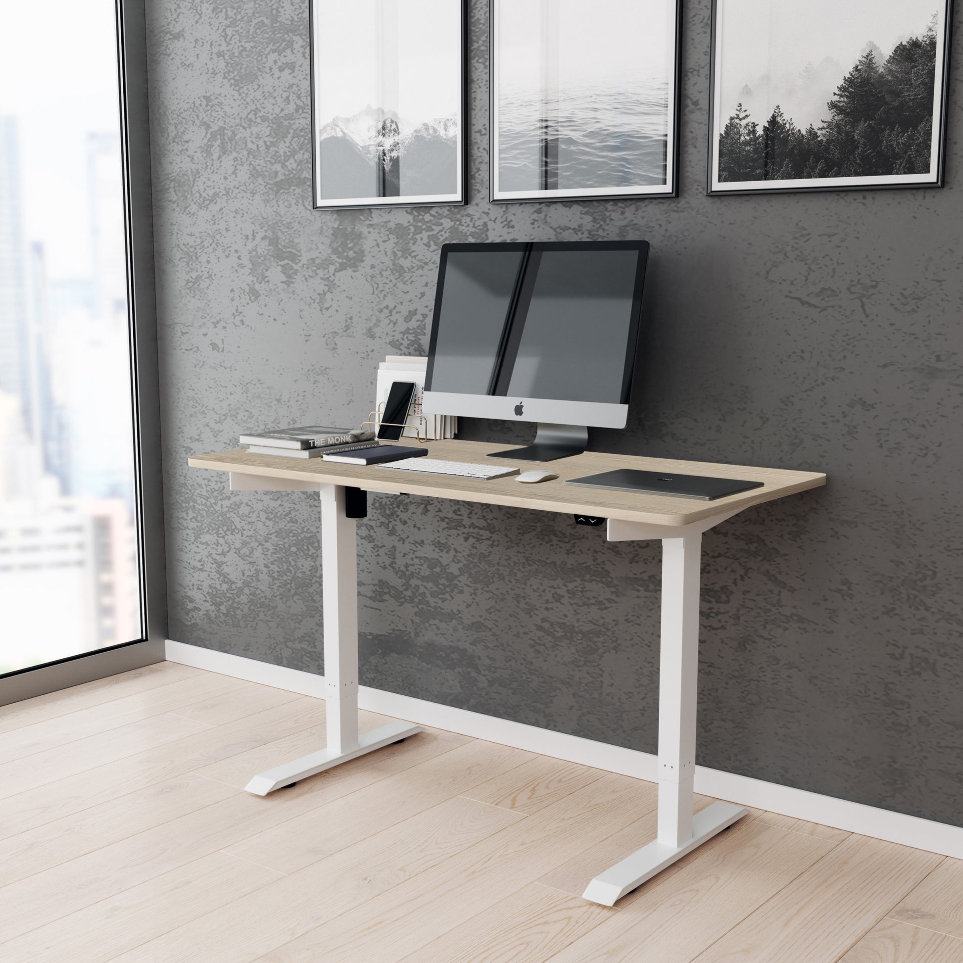 Techni Mobili Adjustable Sit To Stand Desk, Oak Oak Computer Desk Office Modern Rectangular Rectangular Steel Particle Board