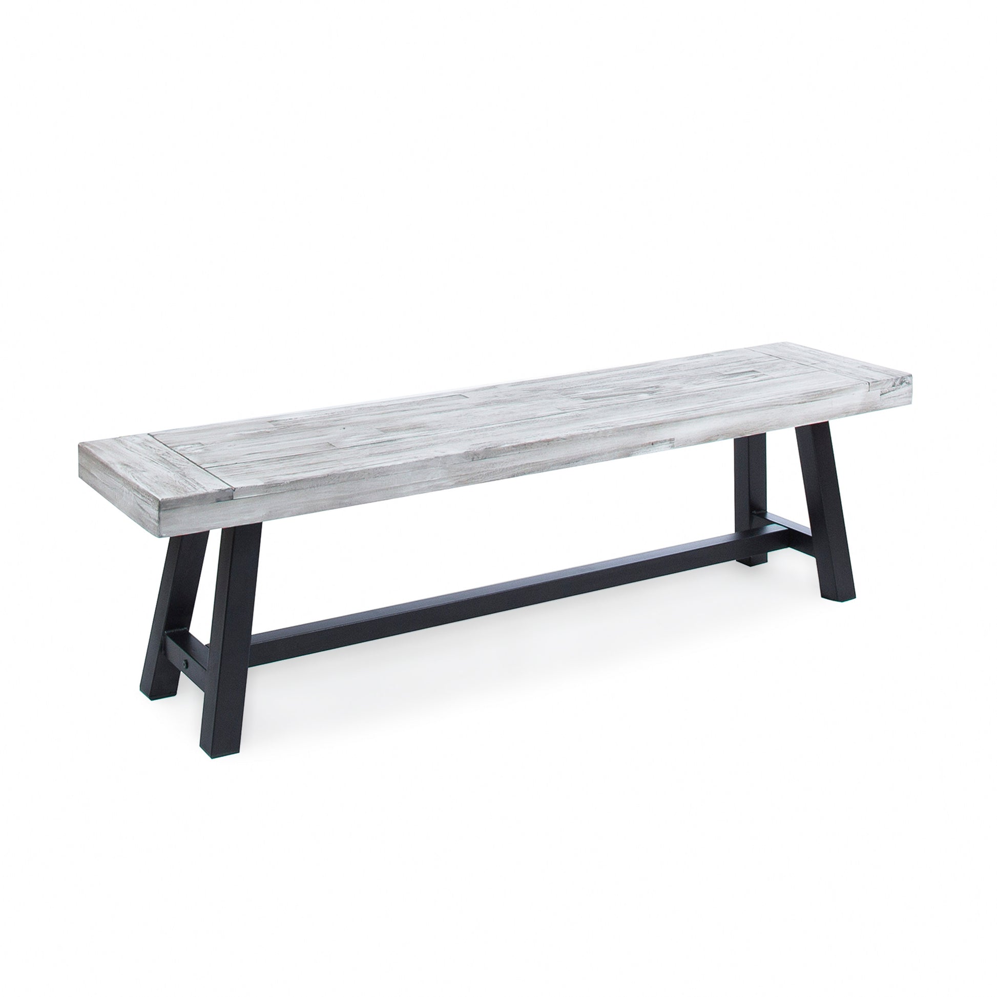 Light Grey Sandblast Finish Acacia Wood Dining Bench With Black Rustic Metal Finish Frame Grey Black Acacia Wood