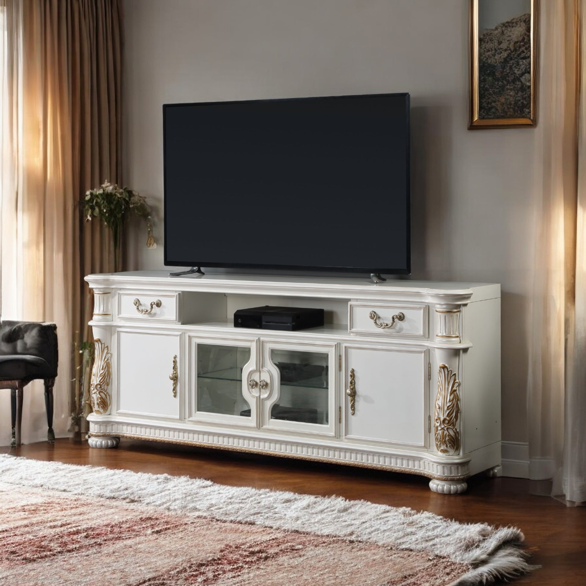 Vendome Tv Stand, Antique Pearl Finish Lv01521 White 80 89 Inches Wood