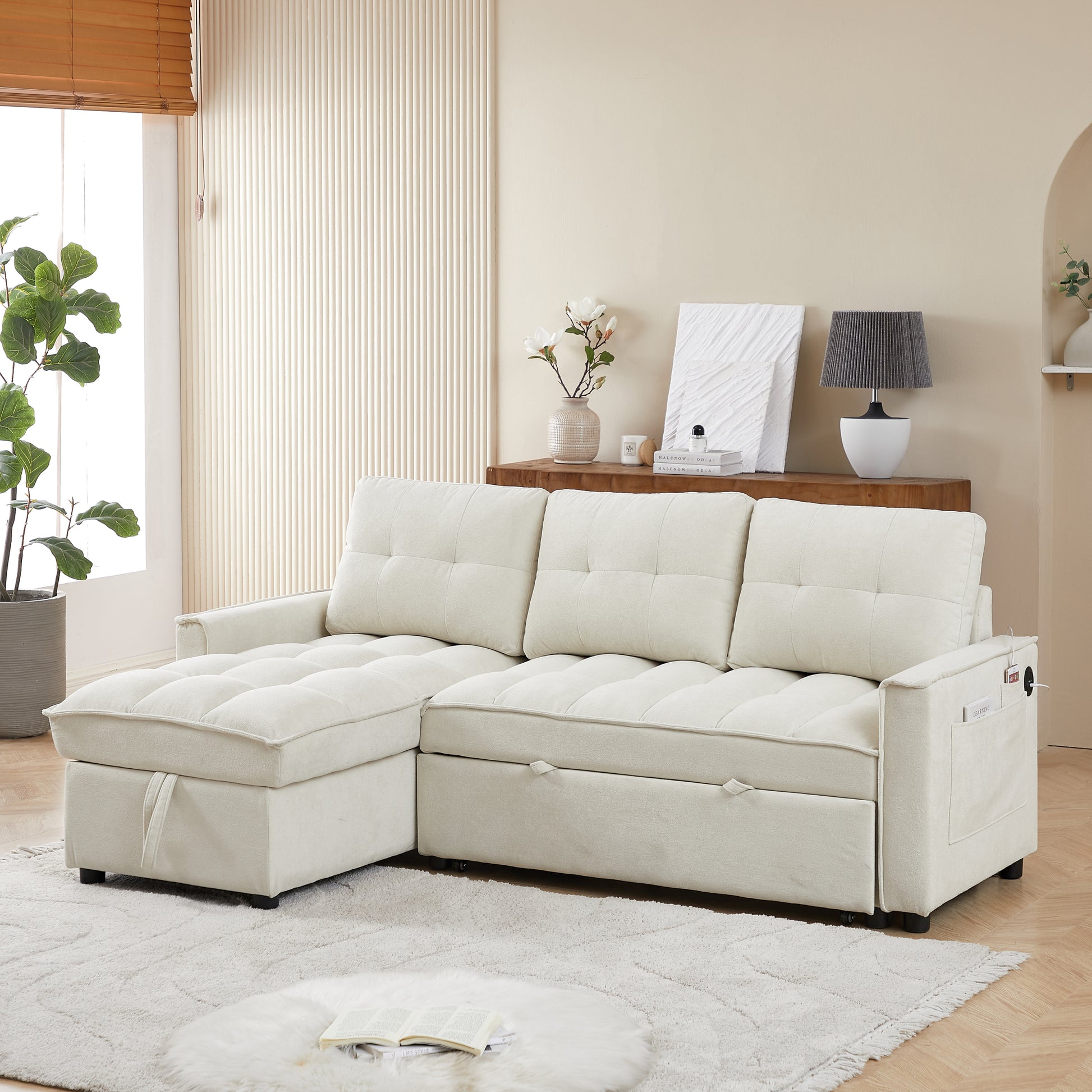 Mh 78.75" Reclining Sofa, Pull Out Sofa Bed With Usb And Tape C Charging Ports, L Shaped Sectional Sofa With Reclining Storage And Arm Side Organizer Pocket Features, Living Room Comfort Sofa Beige Chenille Wood Primary Living Space Eucalyptus Foam