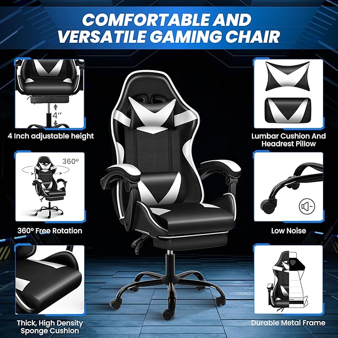 Gaming Chair, Computer Chair With Footrest, Height Adjustable & 90 135 Tilt Function, Swivel Recliner Ergonomic Racing Style Video Game Chair With Lumbar Support Black White White Black Leather