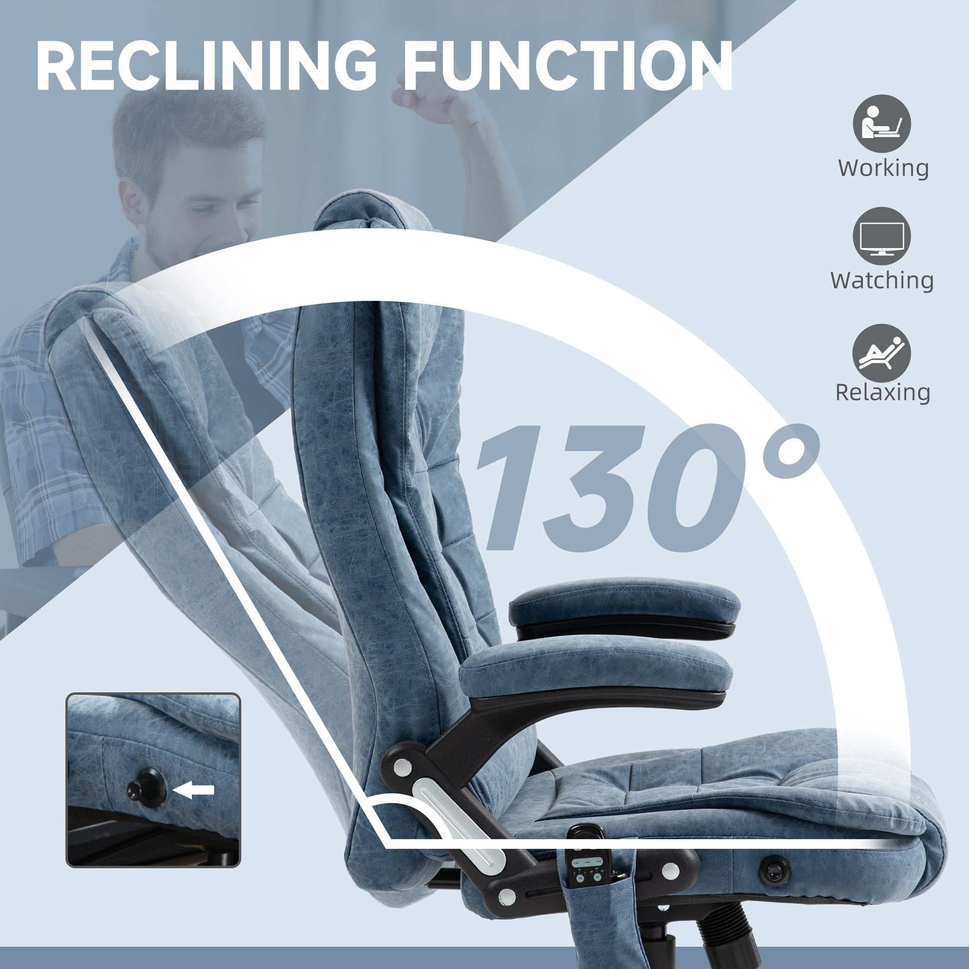 Homcom High Back Vibration Massage Office Chair With 6 Vibration Points, Heated Reclining Pu Leather Computer Chair With Armrest And Remote, Blue Blue Pu