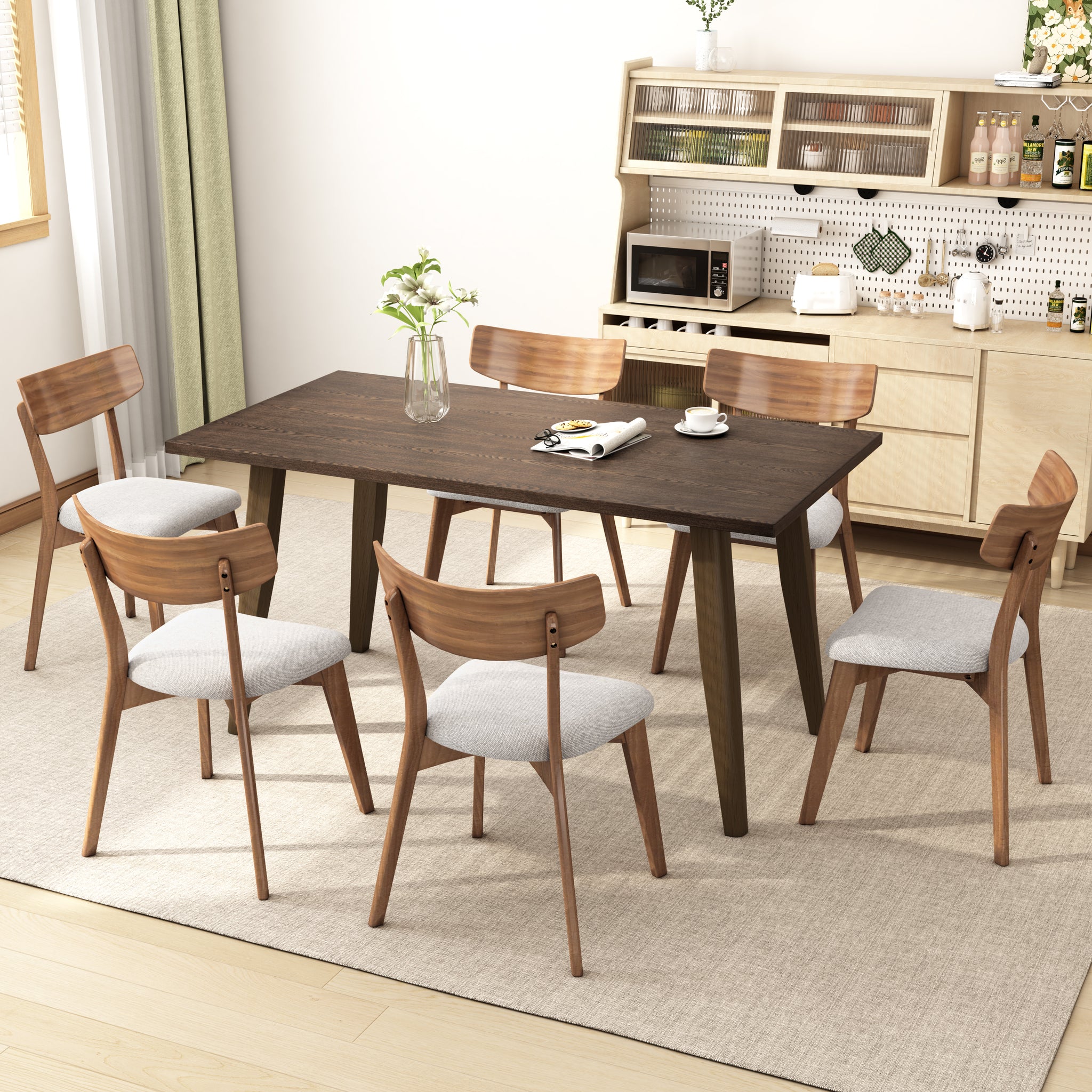 7 Piece Dining Set,Mid Century Walnut Finished Frame Upholstered Dining Chairs Set Of 6 Light Beige Wood Dining Table Brown Brown,Light Beige Fabric,Rubber Wood