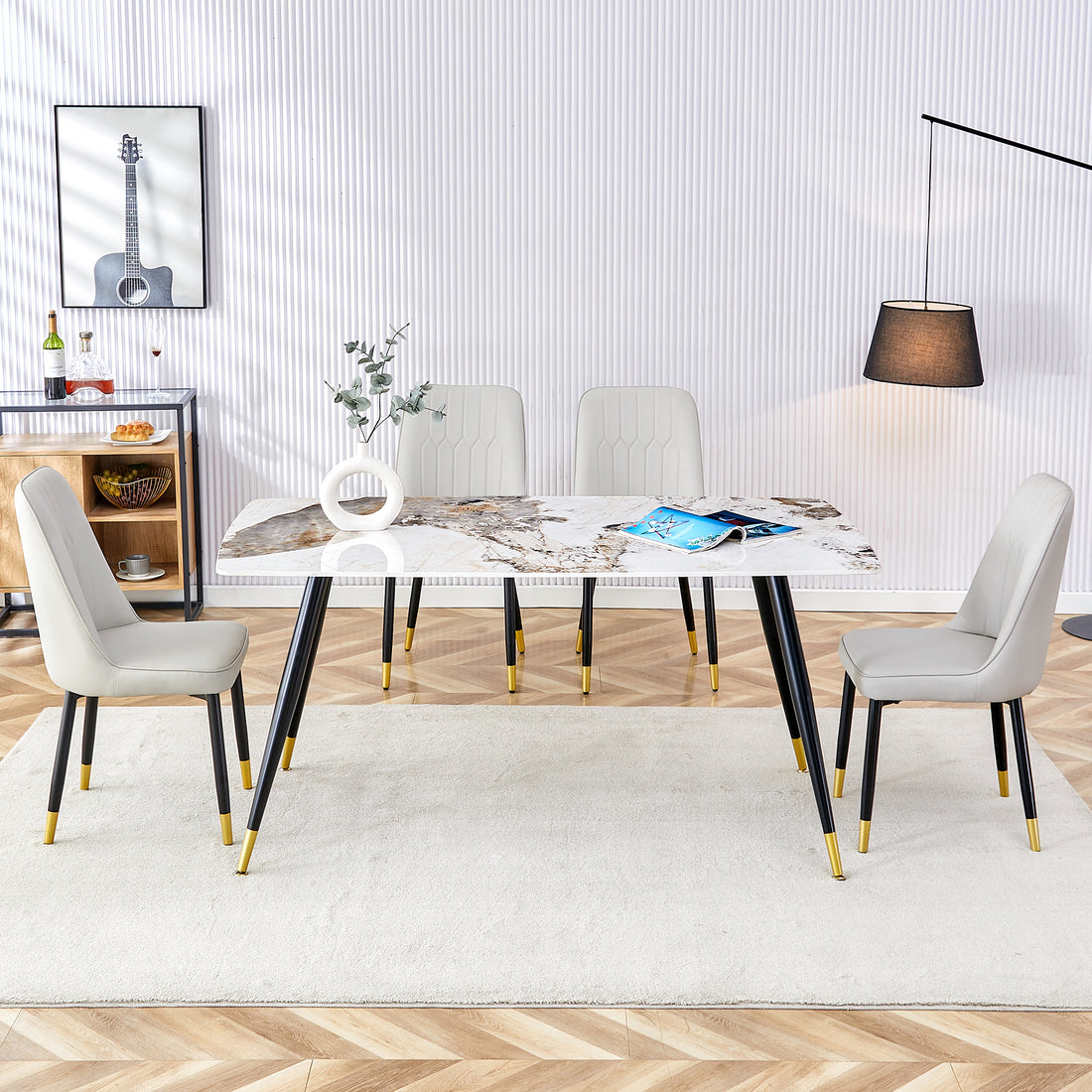 Modern Minimalist Dining Table. Imitation Marble Patterned Stone Burning Tabletop With Black Metal Legs.Modern Dining Chair With Pu Artificial Leather Backrest Cushion And Black Metal Legs.F 001 C 007 Black Gold Sintered Stone