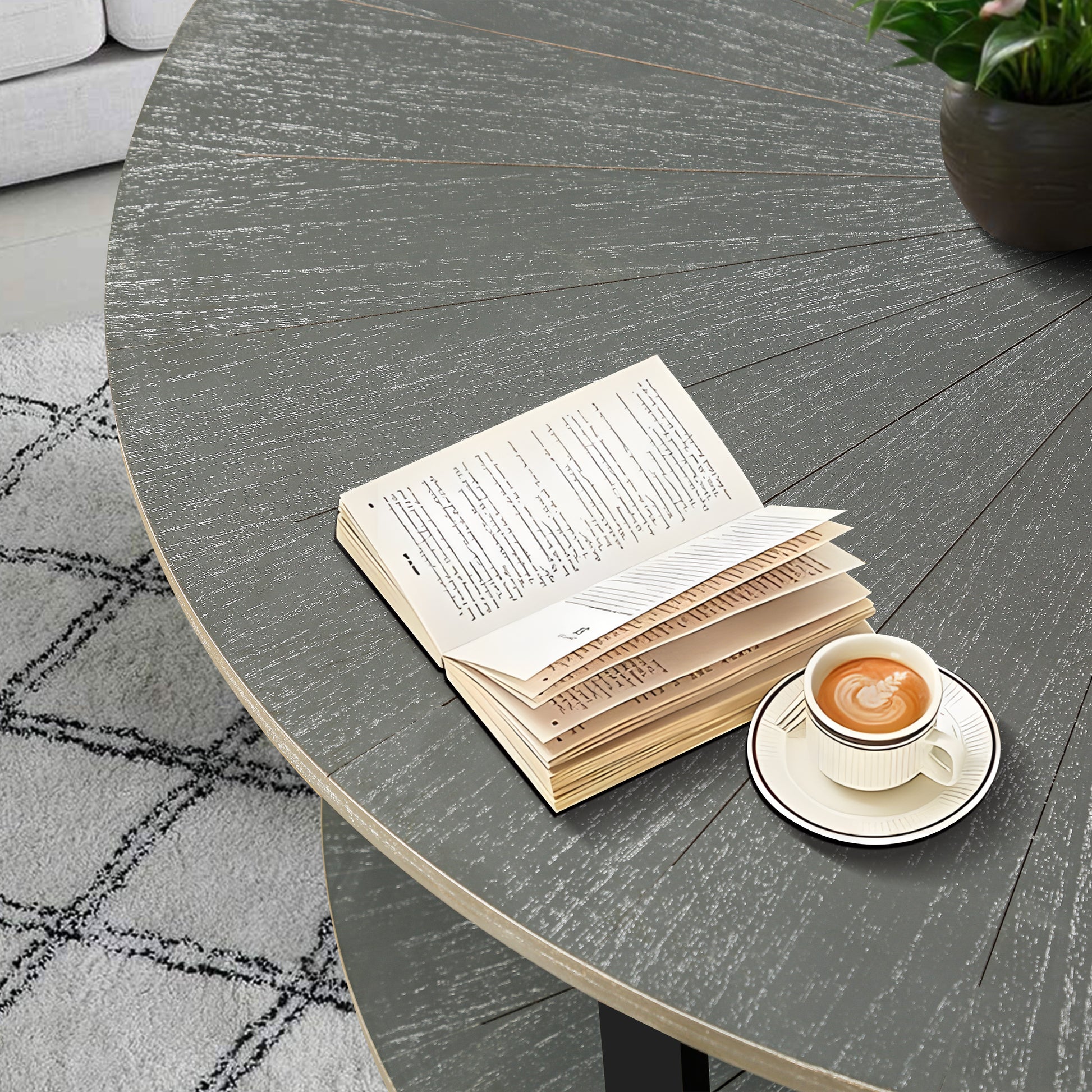 31.5"D X 31.5''W X 18.3''H Round Coffee Table With 2 Tier Storage, Farmhouse Living Room Cocktail Table With Black Metal Leg,Patchwork Desktop Effect Easy Assembly Antique Gray Antique Gray Primary Living Space American Design Floor Mount Round Open