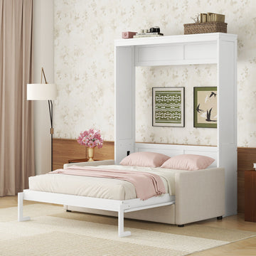 Queen Size Murphy Bed Wall Bed With Cushion, White Queen White Mdf Lvl