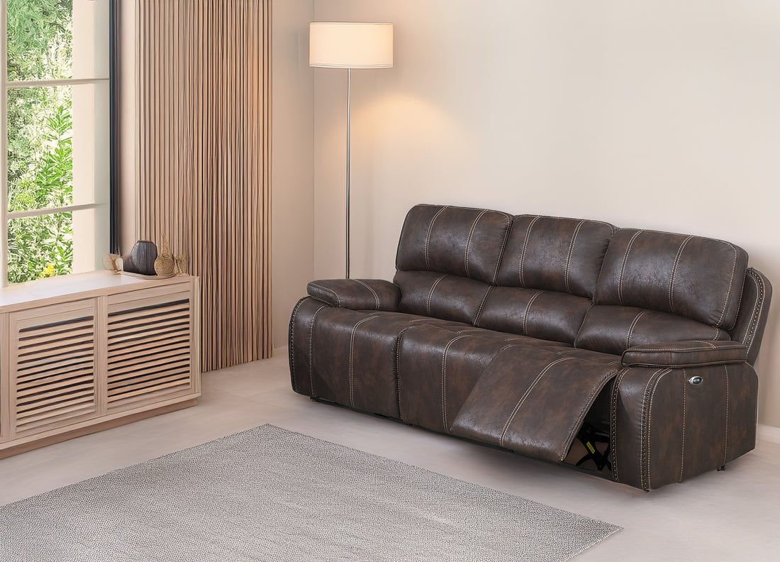 Power Sofa In Chocolate Chocolate Firm Cushion Back Leather 3 Seat