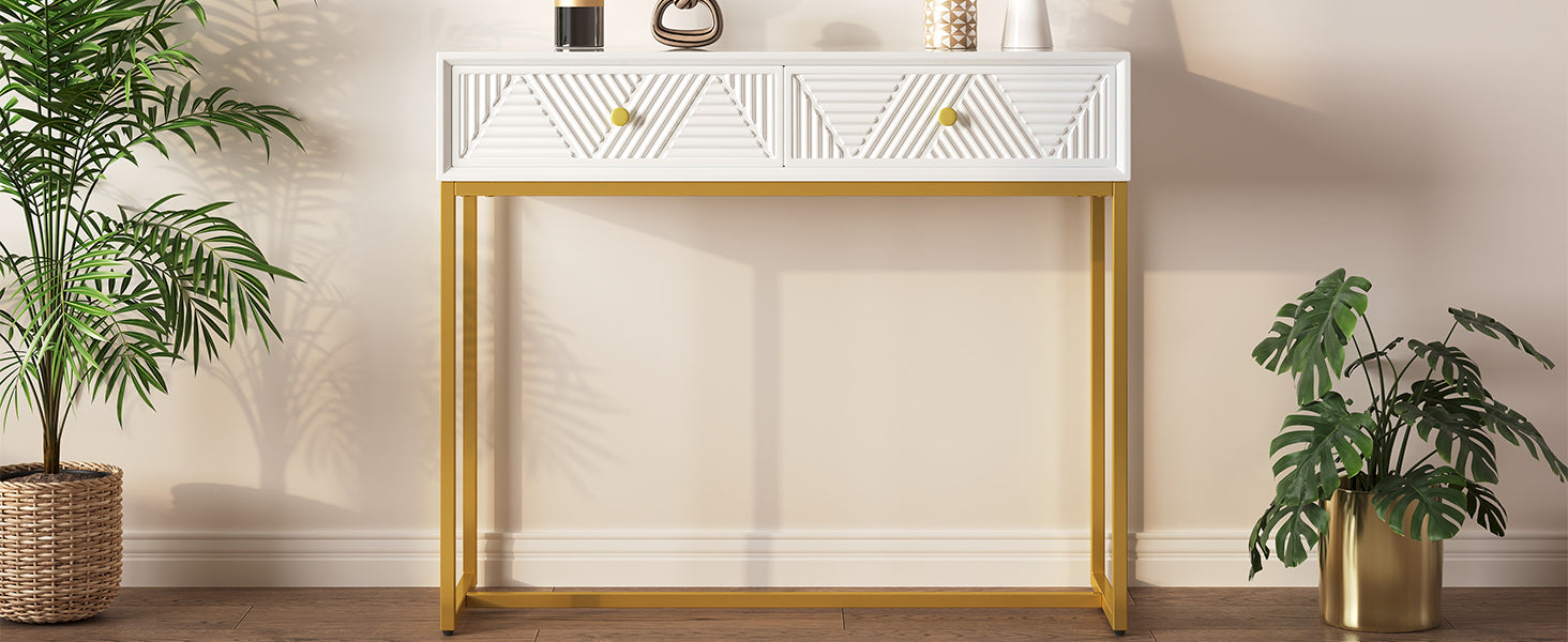 Modern Sleek Console Table Two Drawers With Stripe Design For Living Room And Entryway White White Mdf