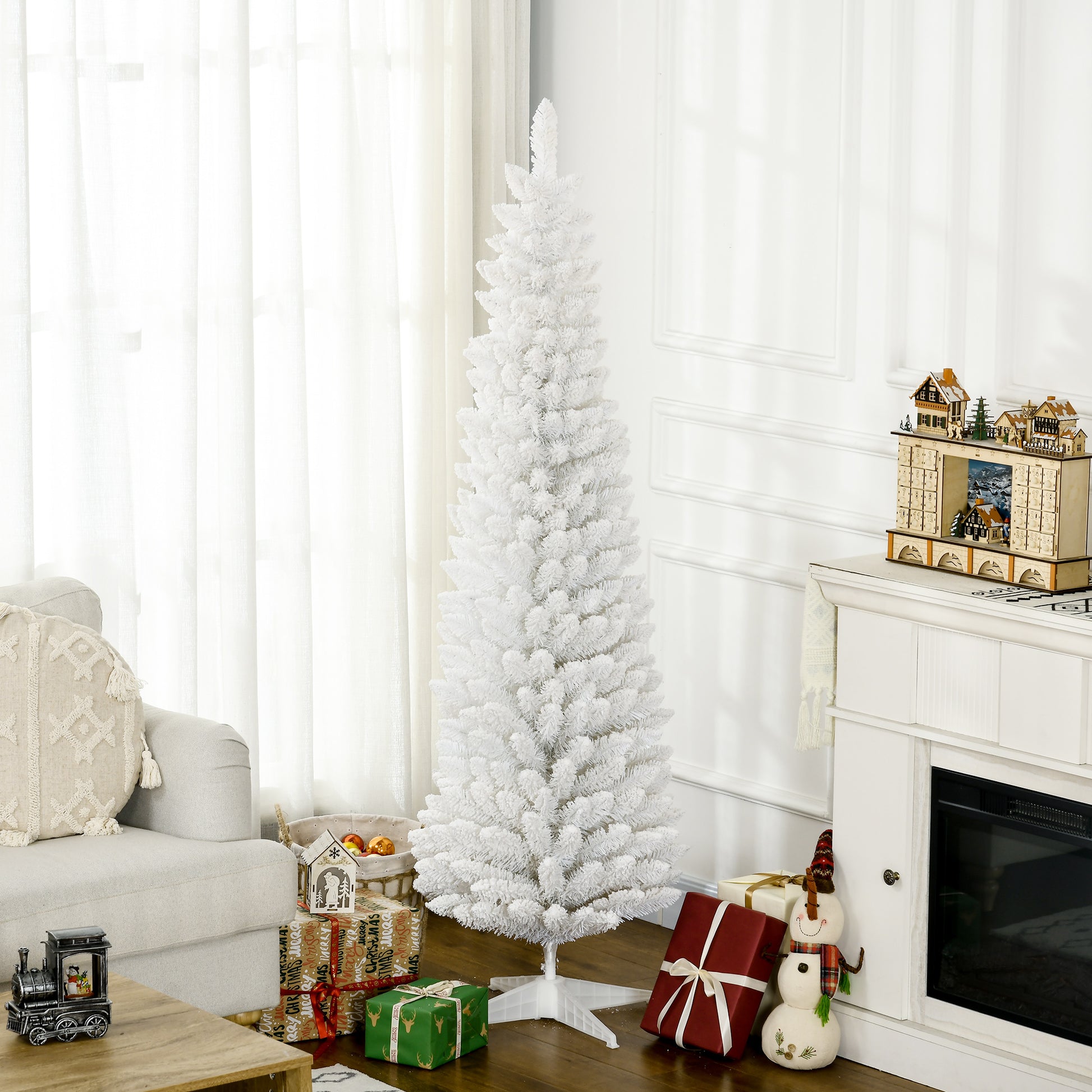 Homcom 6' Snow Flocked Artificial Pencil Christmas Tree, Slim Xmas Tree With Realistic Branches And Plastic Base Stand For Indoor Decoration, White White Plastic