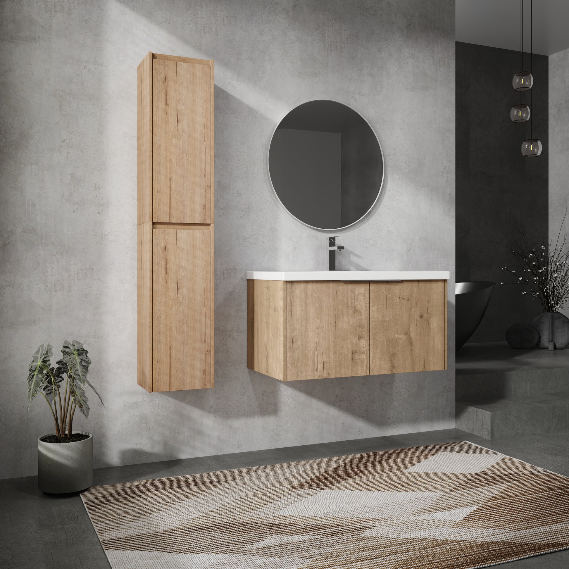 36" Wall Mounted Bathroom Vanity With Sink And Side Cabinet, Soft Close Doors,00112Imo X 2 00636Imo Combination Cabinet Kd Packing Imitative Oak Bathroom Modern Plywood Plywood