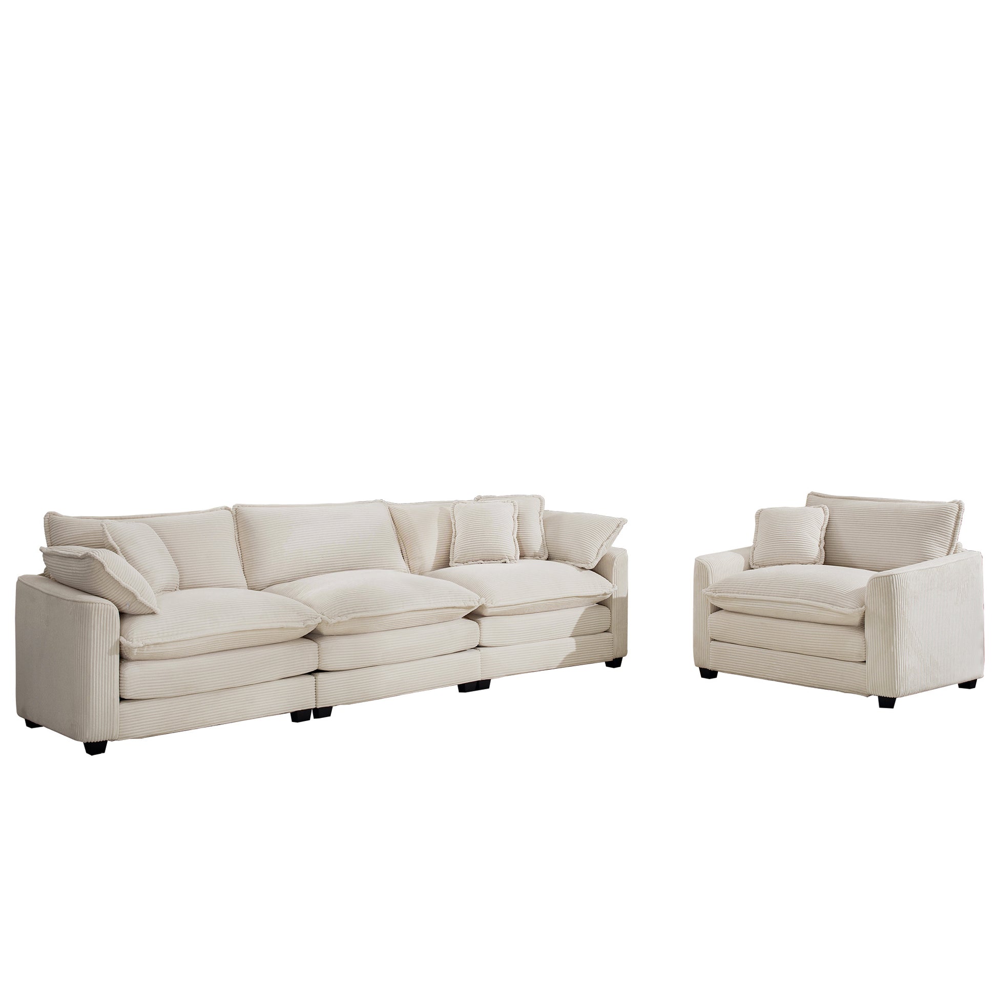 Mid Century Modern Set Of 2 Sofas With One 3 Seater Sofa And One Single Accent Chair, Light Beige Corduroy Fabric Beige Corduroy 4 Seat