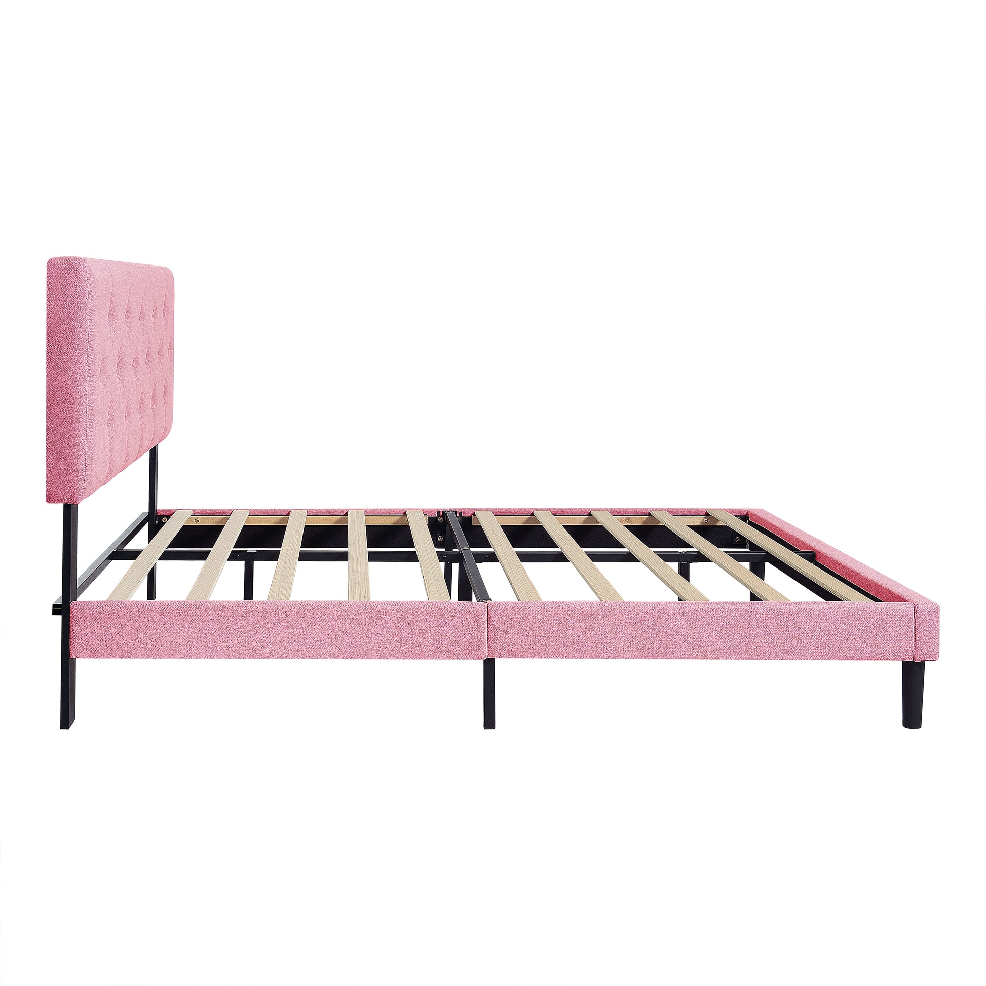 Queen Size Upholstered Platform Bed Frame With Modern Button Tufted Linen Fabric Headboard, No Box Spring Needed, Wood Slat Support, Easy Assembly, Pink Queen Pink Linen