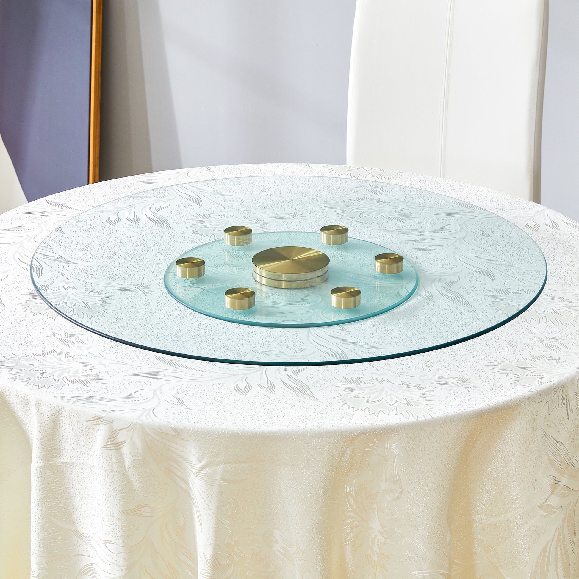 Double Layer Rotatable Round Glass.The Rotatable Design Makes It More Convenient To Retrieve And Place Items.The Upper Glass Has A Diameter Of 30.3 Inches, While The Lower Glass15 Inches.