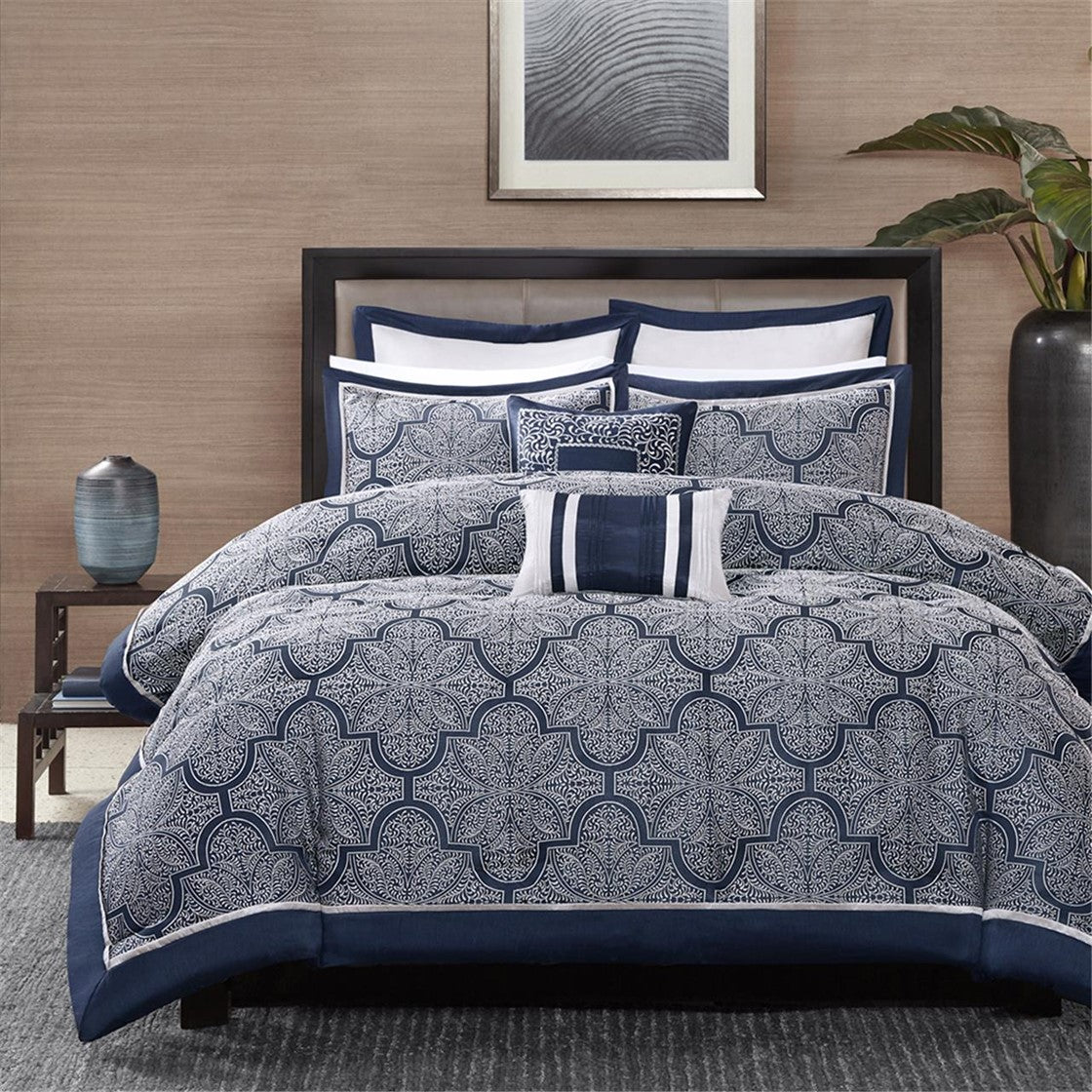 8 Piece Jacquard Comforter Set Navy Cal King California King Navy Polyester