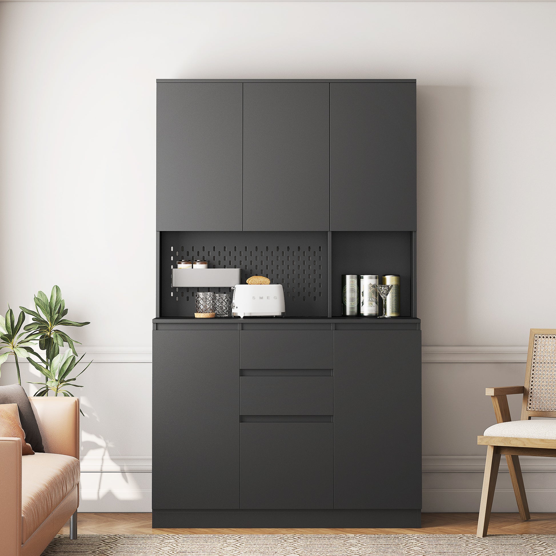 74" Freestanding Kitchen Pantry Cabinet Cupboard With 6 Doors,3 Shelves And 2 Drawer,Versatile Wardrobe & Kitchen Cabinet,Craft Storage Cabinet,Laundry Room Storage For Bedroom Kitchen Black Black Mdf