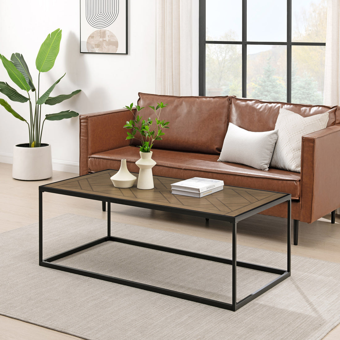 Contemporary Decorative Parquet Top Rectangle Coffee Table Parquet Veneer Brown Steel Mdf