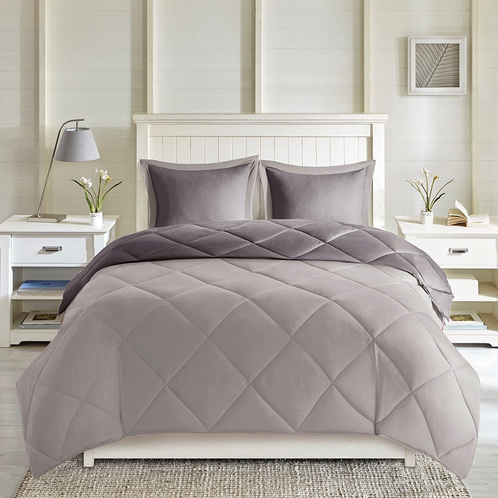 3M Scotchgard Diamond Quilting Reversible Down Alternative Comforter Set Queen Grey Polyester