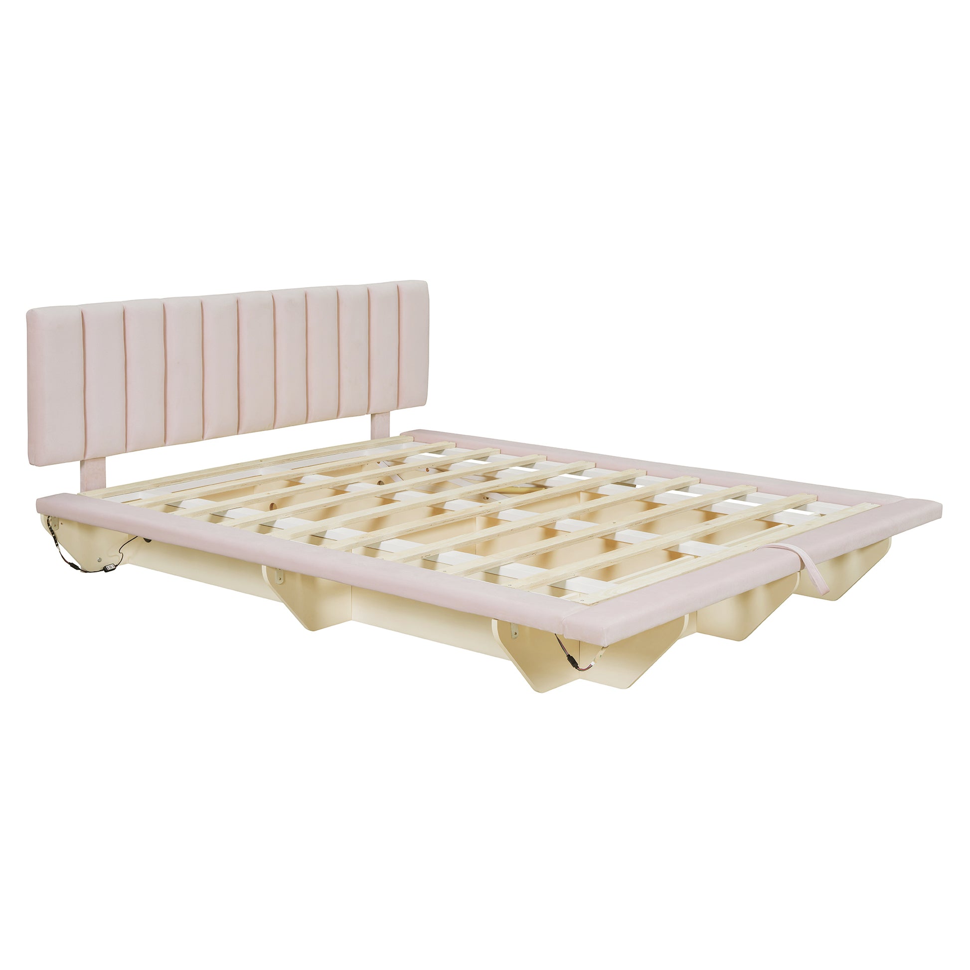 Queen Size Upholstered Floating Bed With Led Light And Usb Port, Velvet, Pink, Hydrualic Platform Bed Queen Pink Velvet