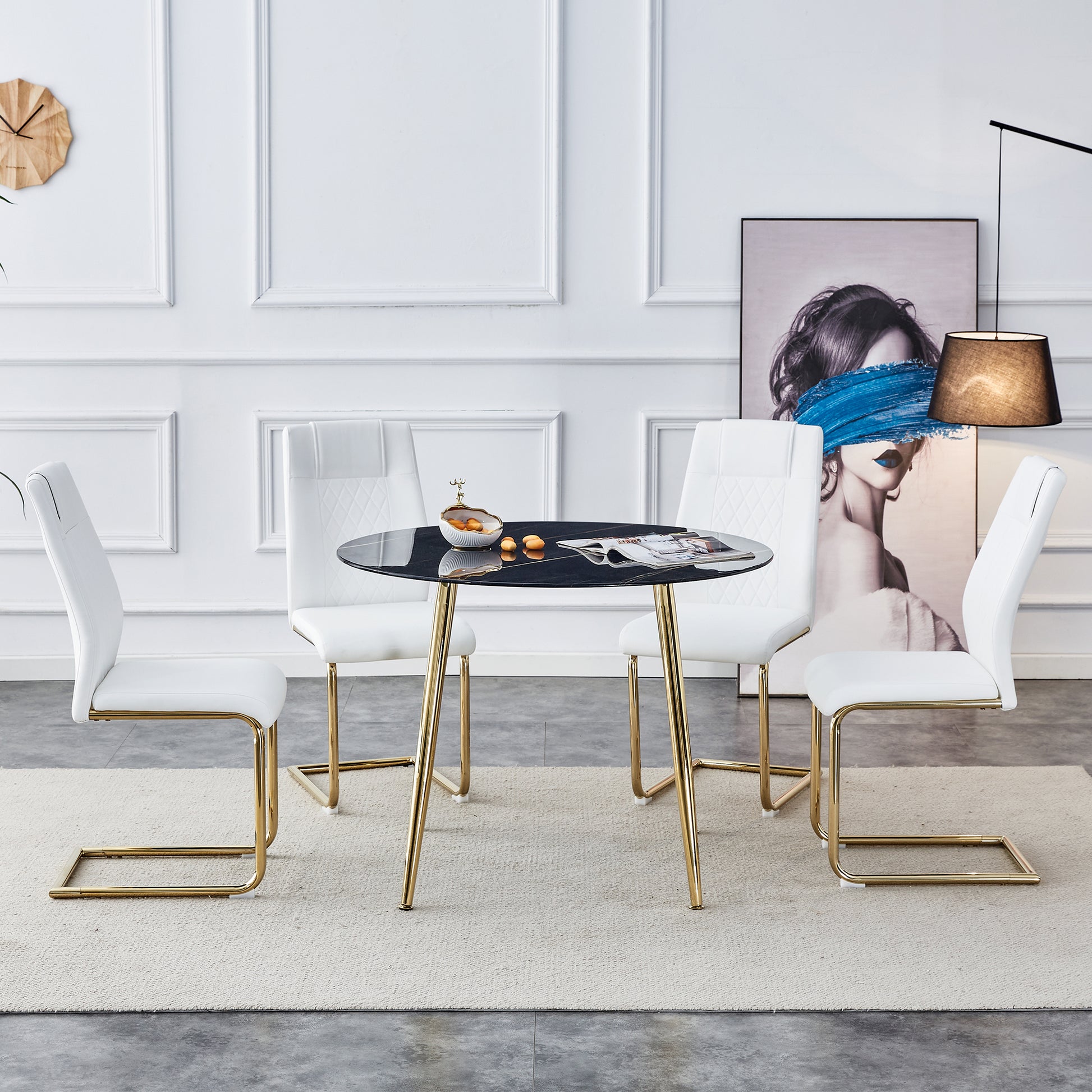 1 Table And 4 Chairs, A Modern Minimalist Circular Dining Table With A 40 Inch Black Imitation Marble Tabletop And Gold Plated Metal Legs, And 4 Modern Gold Plated Metal Leg Chairs. Black Gold Seats 4 Glass