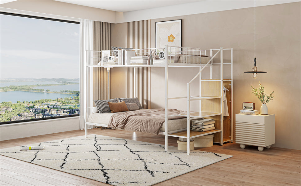 Twin Over Full Metal Bunk Bed With Wire Shelving And Lateral Storage Ladder And Wardrobe, White White Metal