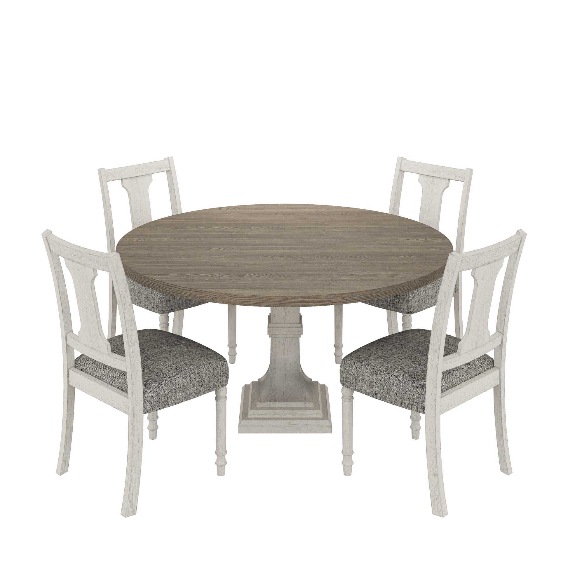 Tannen 59"W Round White And Gray 5 Pc Dining Table Set White Gray Linen