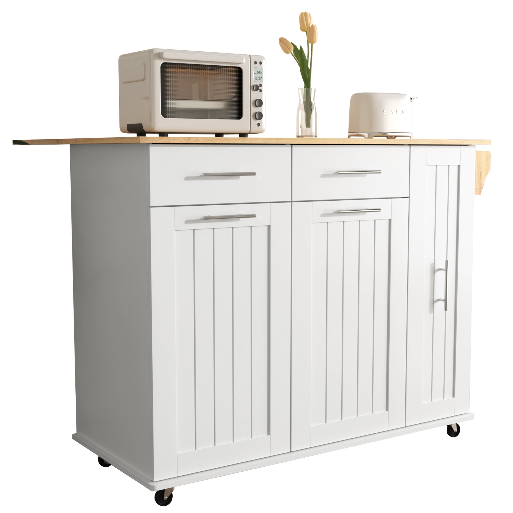 K&K Kitchen Island With Drop Leaf, Kitchen Storage Cart With 3 Tier Pull Out Cabinet Organizer, Internal Storage Rack, Rolling Kitchen Cart On Wheels With Towel Rack, 2 Drawers, For Kitchen, White White Brown Kitchen Classic,Farmhouse,Luxury,Modern