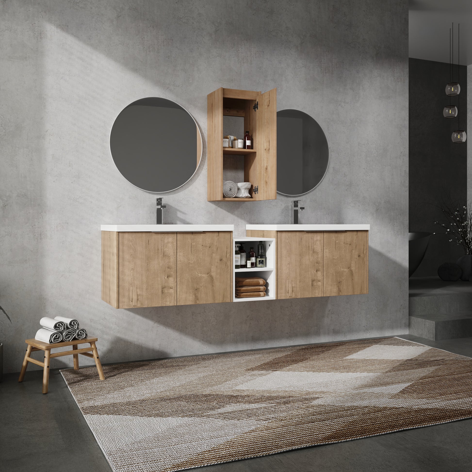 72" Wall Mounted Bathroom Vanity With Sink And Side Cabinet, Soft Close Doors,00112Imo 00630Imox2 00612Gwh Combination Cabinet Kd Packing Imitative Oak Bathroom Modern Plywood Plywood