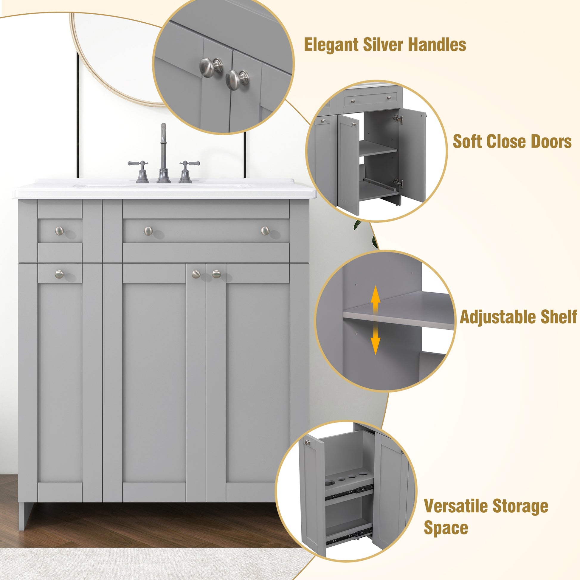 30 Inch Grey Bathroom Vanity With Ceramic Sink Combo, Abundant Storage Cabinet 2 Soft Close Doors And Double Tier Deep Drawer Grey Bathroom Mdf