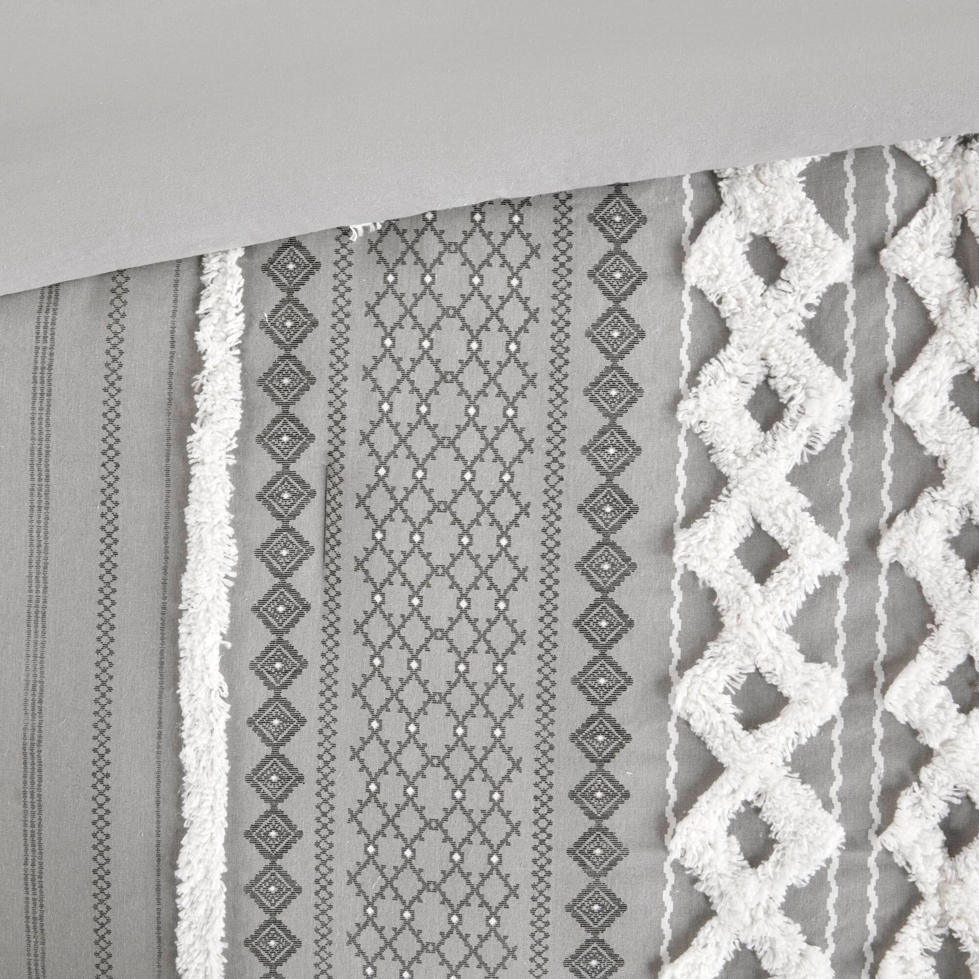 Cotton Printed Comforter Set With Chenille Gray Full Queen Queen Gray Cotton