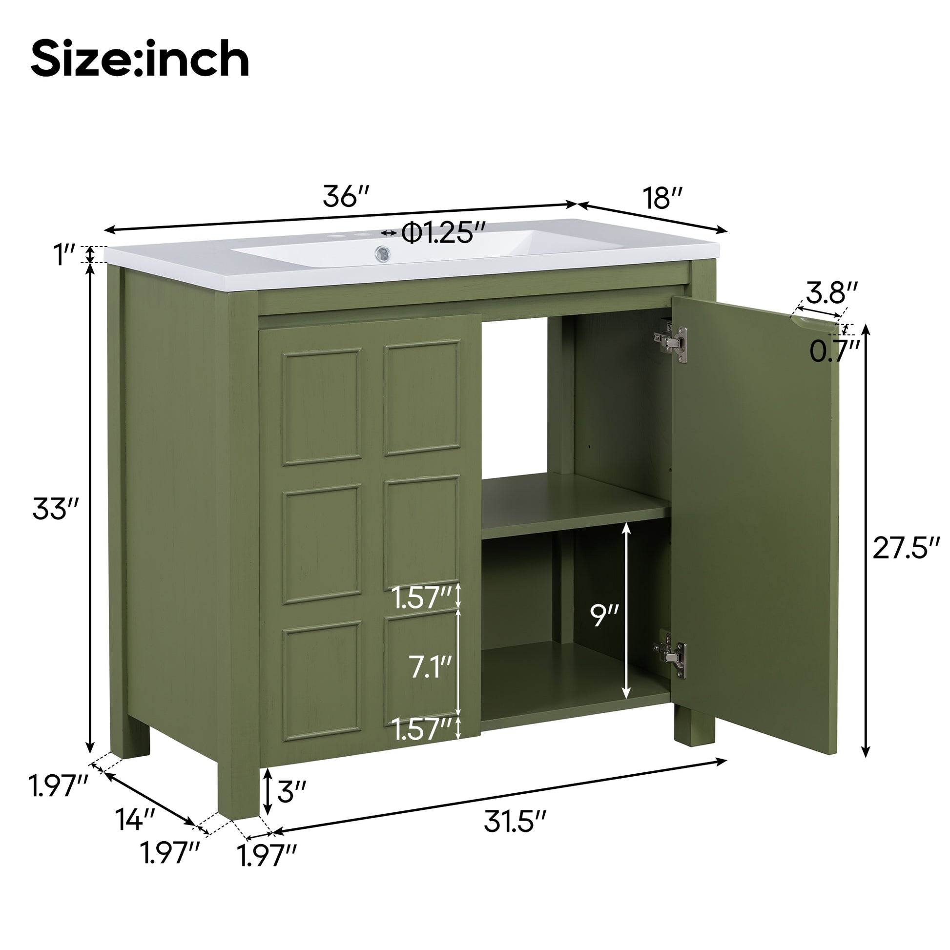 36" Bathroom Vanity Organizer With Sink, Combo Cabinet Set, Bathroom Storage Cabinet, Olive Green Olive Green Bathroom Solid Wood Mdf Resin