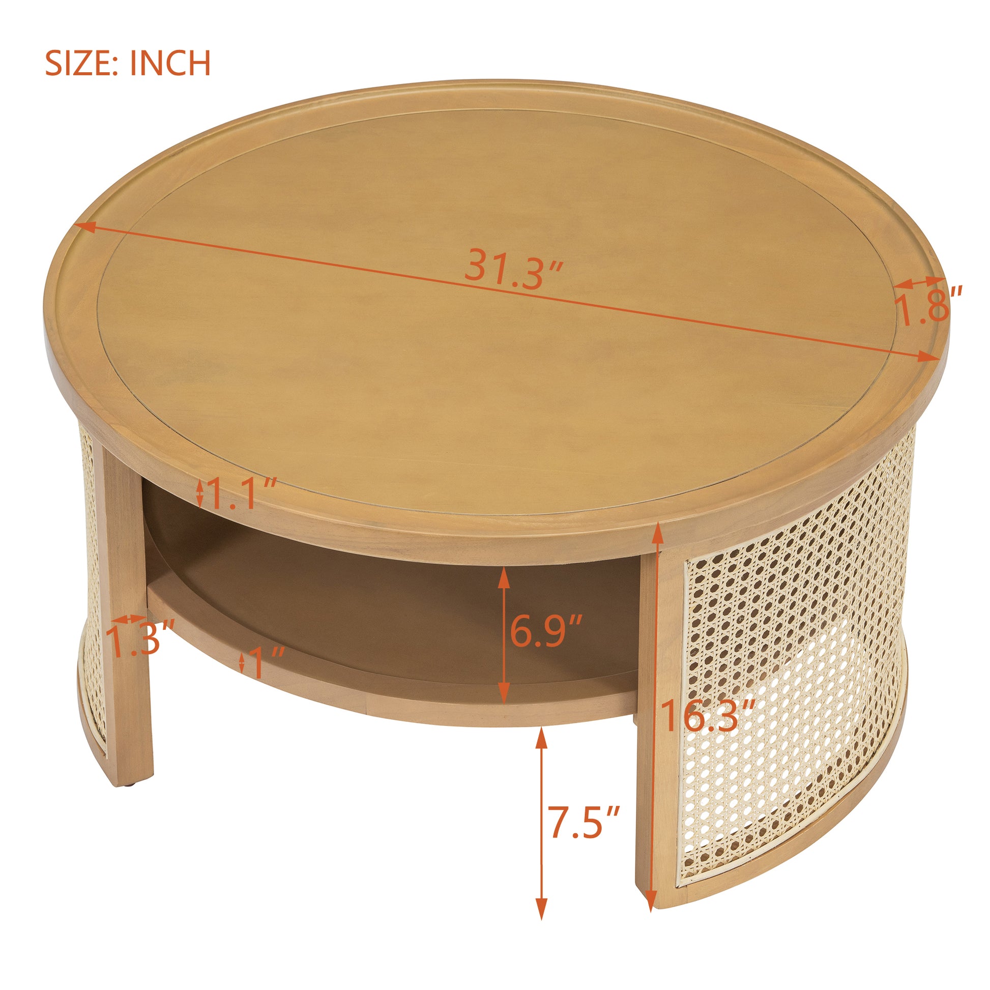 2 Tiered Round Natural Wood Coffee Table With Storage Rattan Base In 31.3'' Natural Rubber Wood