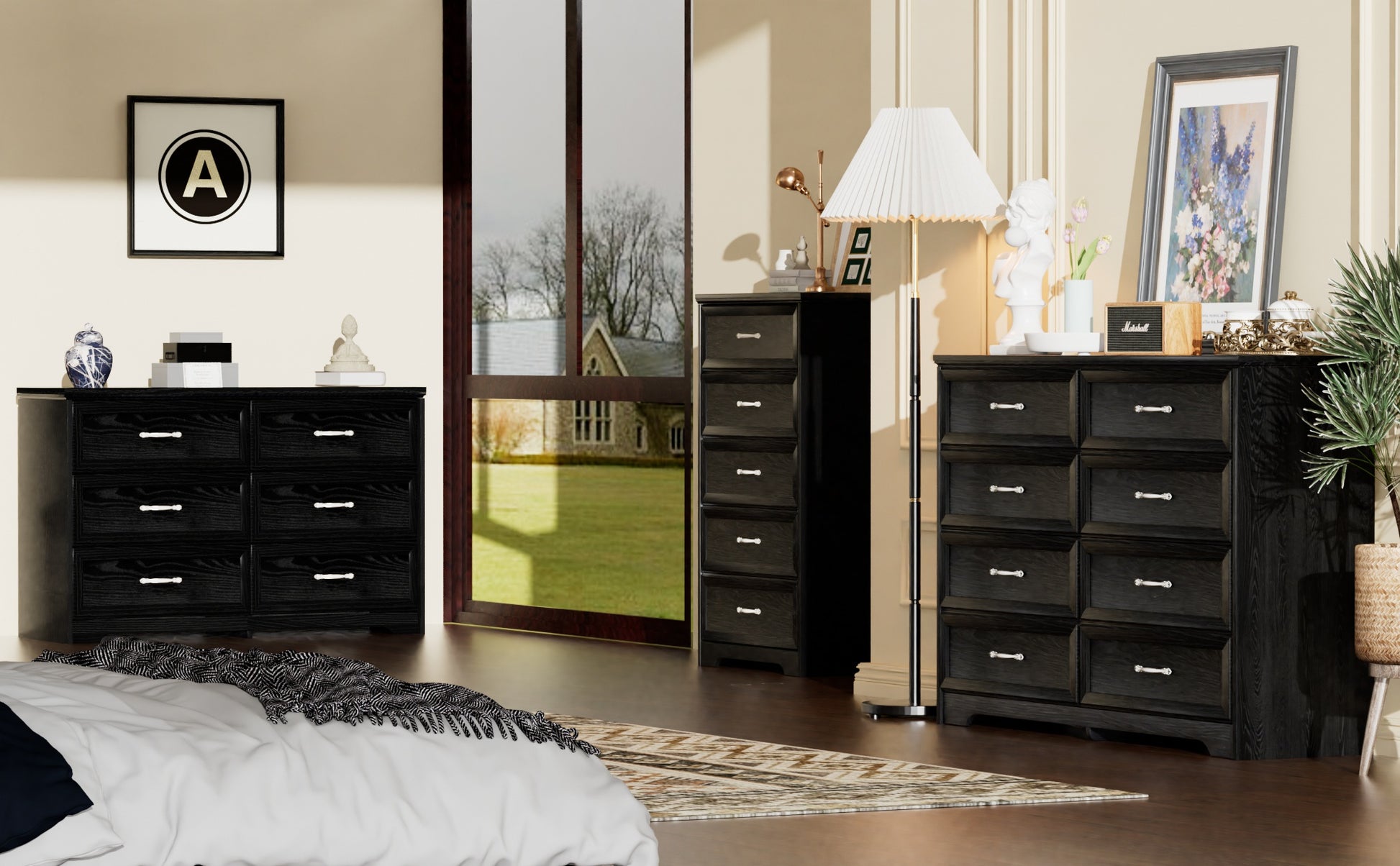 Modern 3 Drawer Bedroom Chest Of Drawers With 8 Drawers Dresser, Clothes Organizer Metal Pulls For Living Room, Bedroom, Hallway, Black,47.6 L X 15.7 W X 36.7 H 5 Or More Drawers Black Drawers Included Particle Board Mdf