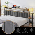 King Bed Frame With Storage, Platform Bed King Size With Led Lights And Charging Station, Dark Gray Velvet Headboard With Bookcase Shelves, No Box Spring Needed, Noise Free Box Spring Not Required