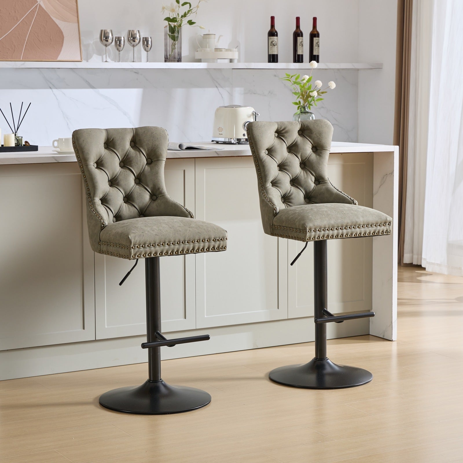 Aged And Retro Pu Swivel Barstools Adjusatble Seat Height From 25 33 Inch, Modern Bar Stools With Backs Comfortable Tufted For Home Pub And Kitchen Island Olive Green,Set Of 2 Olive Green American Design Bar Stools Set Of 2 Foam Pu Leather