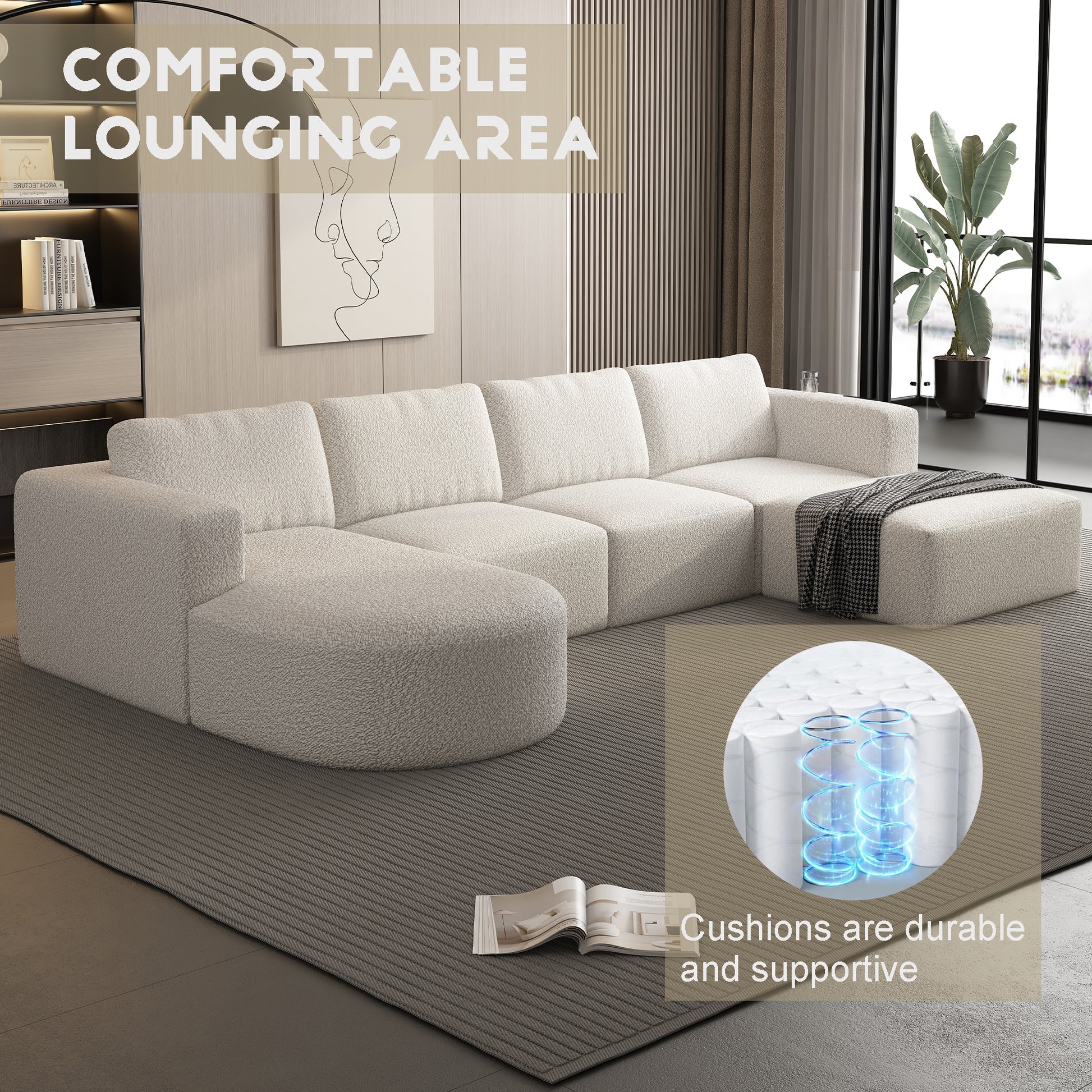 133.84*70.86 Modular Sectional Sofa Sleeper Couch, Sectional Sofa With Chaise And Ottoman, Convertible U Shaped Modular Sofa Set. Compressed Sponge, White. Combo 2A B C D White Primary Living Space Soft Minimalist,Modern Foam Spring 6 Seat