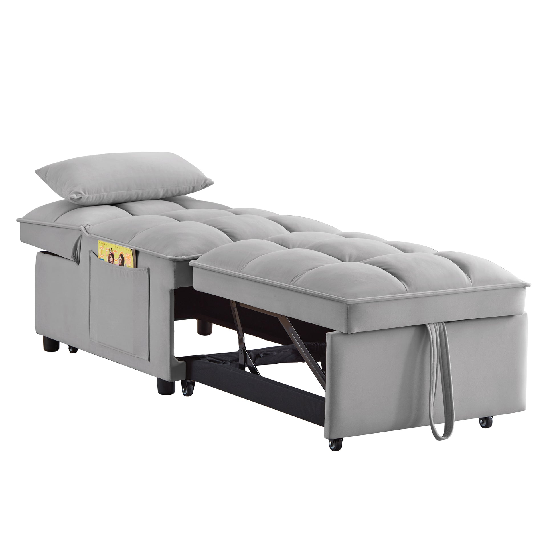 4 In1 Multi Function Single Sofa Bed With Storage Pockets,Tufted Single Pull Out Sofa Bed With Adjustable Backrest And Pillows ,Convertible Chaise Lounge,Gray Gray Velvet Metal Primary Living Space American Design Armless Foam Velvet 1 Seat