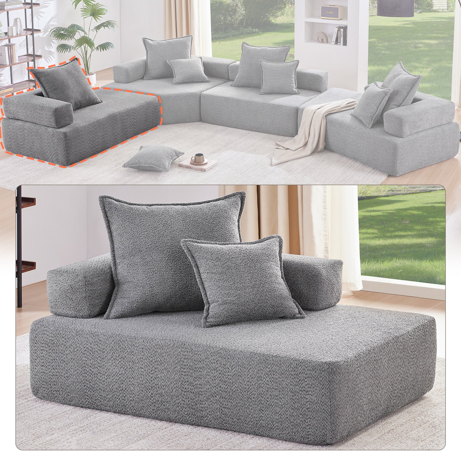 Lounge Frame For Oversized Modular U Shaped Sectional Sofa,Luxury Boucle Floor Couch Set,Convertible Sleeper Couch,Spacious Foam Filled Sofa Bed For Living Room Gray Boucle 1 Seat