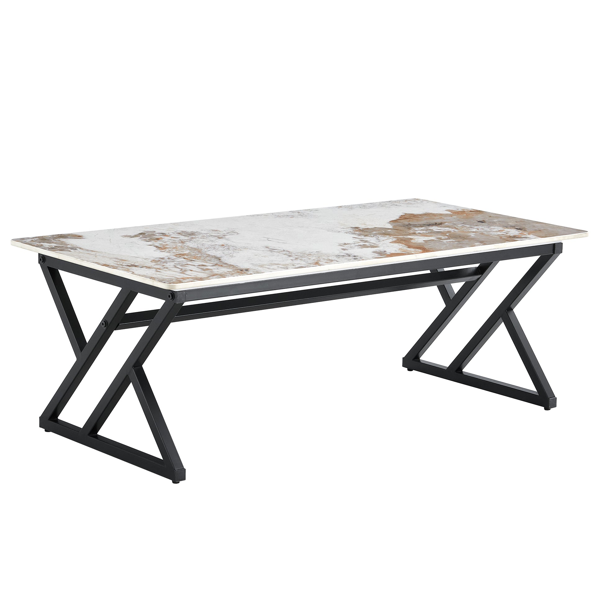 A Modern Minimalist Style Marble Patterned Coffee Table With Black Metal Legs. Computer Desk. Game Table. Tea Table. Ct Xx White Black Sintered Stone