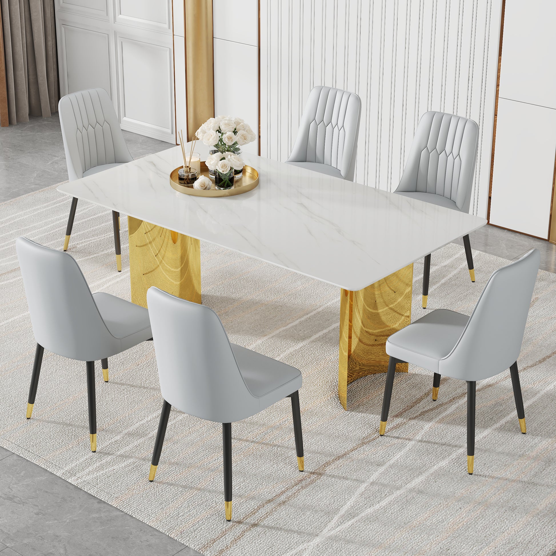 Table And Chair Set.The Table Has A Glass Top With Imitation Marble Pattern Stickers And Stainless Steel Golden Legs. Paried With Chairs With Pu Artificial Leather Backrest Cushions And Black Legs. White Gold Seats 6 Glass Metal